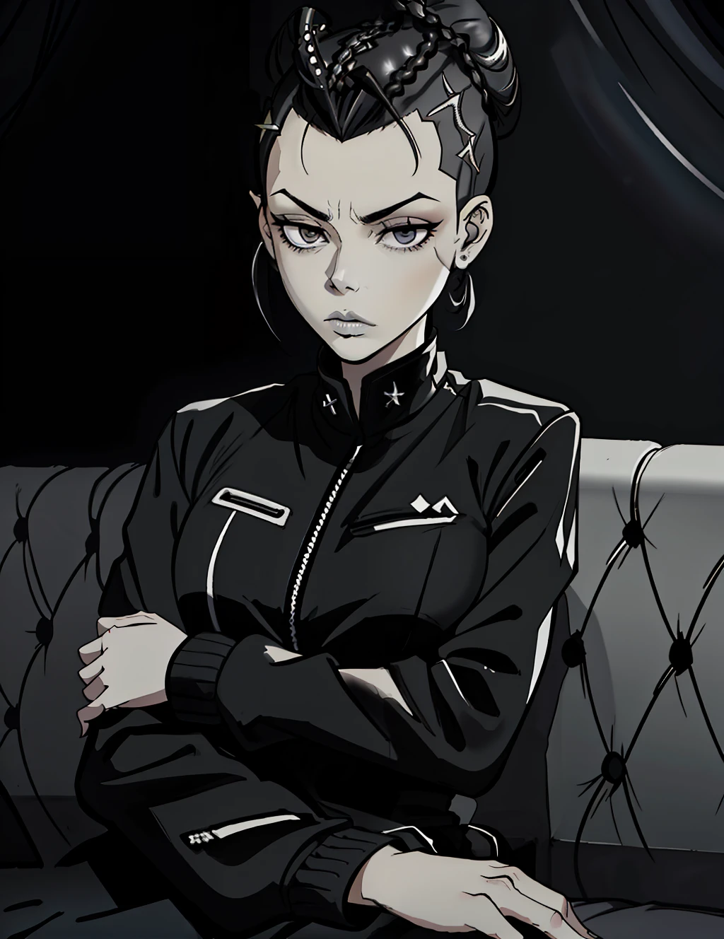 Dressed in black gangster style、Stern indifferent girl in jacket and jewelry、Grab one gun and relax on the couch, sat down and crossed legs, (Rest one arm:1.4), Grey Hair, (mohawk, braided bun:1.3), Gray eyes, eyeshadows, Dark background, Dark lighting, unbelievable Ridiculous, 4k wallpaper