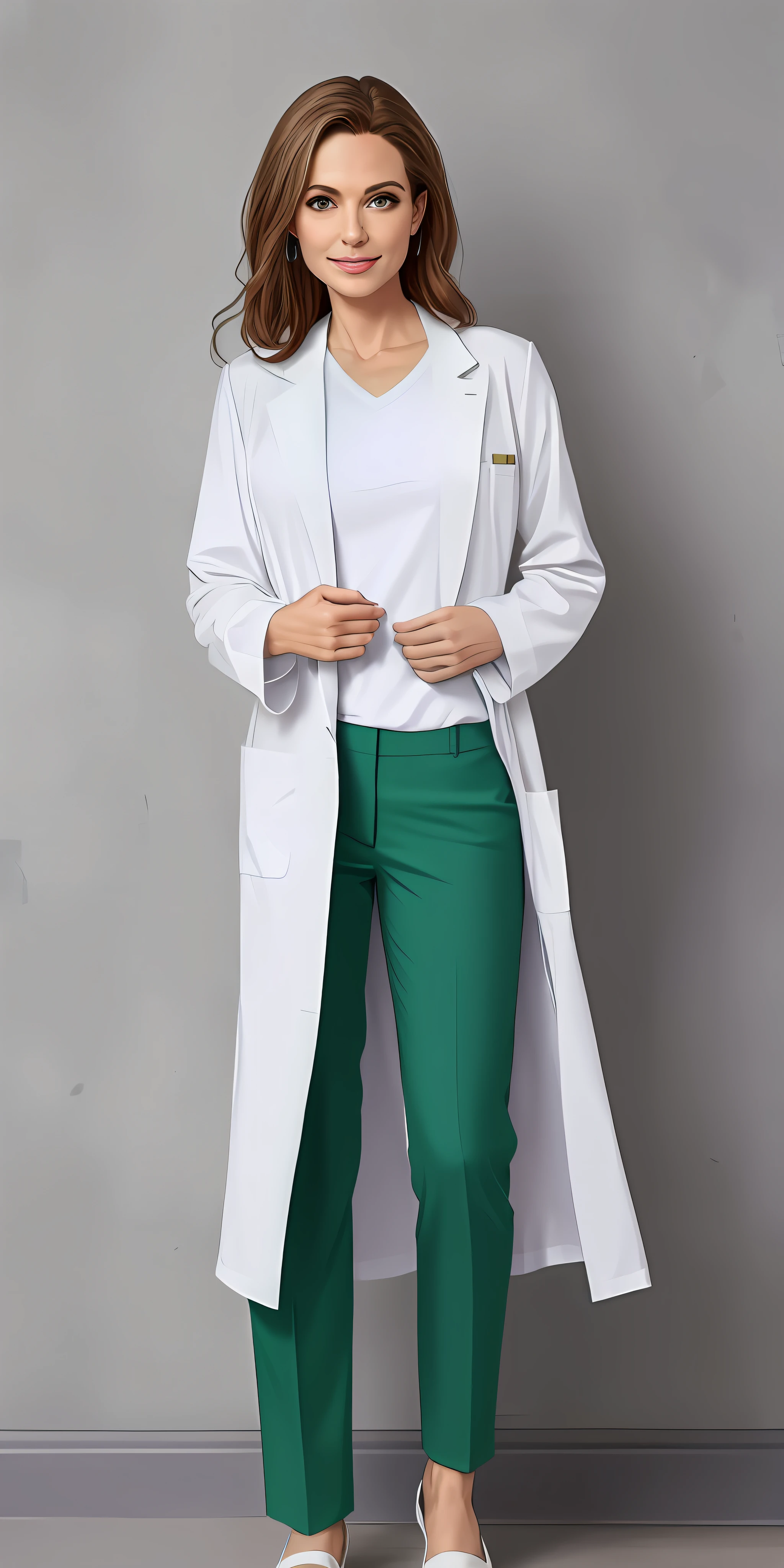 Woman dressed in a white lab coat and green pants, vestindo jaleco branco e blusa verde, sapatos brancos, Enfermeira, Jaleco, usando jaleco, jalecos, foto de retrato de corpo inteiro, usando jaleco, vestindo um jaleco branco, with coat without any emblem or inscriptions in the pockets, vestindo jaleco, usando jaleco, foto de corpo inteiro