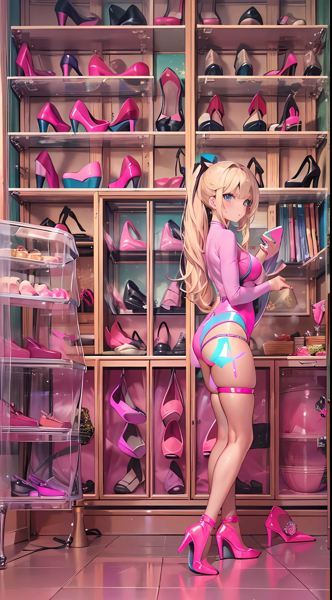 ((Masterpiece)), best quality, absurderes, ultra detailed, holographic, cowboy shot, dynamic pose, golden ratio, super cute girl, mature girl, Barbie girl, super beautiful Asian girl with super beautiful blue eyes, beautiful glowing blonde hair, high ponytail, nice and sexy body, slim body, perfect body, wearing a super tight and pink leotard and super beautiful pink footwear, being photographed in a doll house