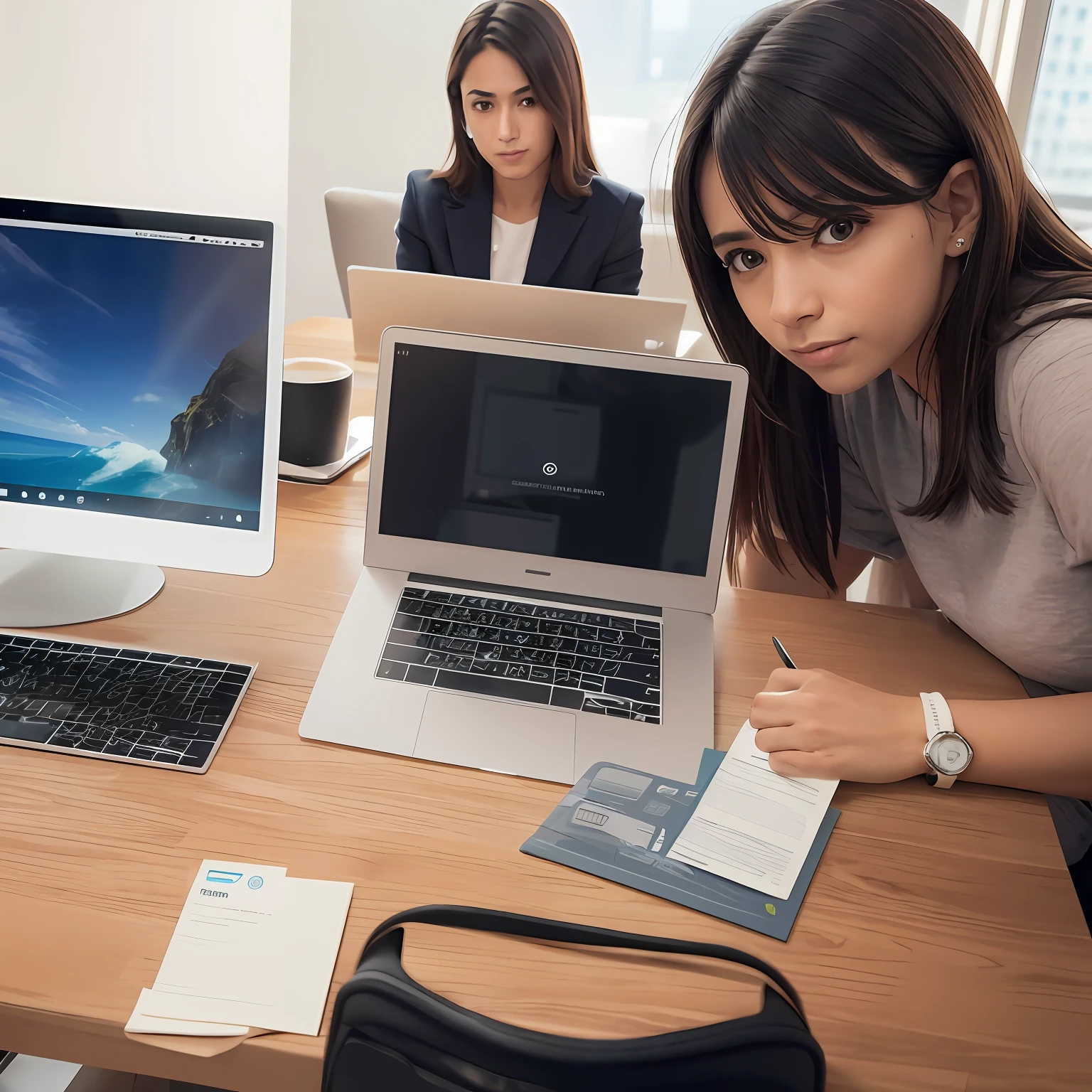 imagem vista de cima, four people sitting at an office desk with papers and laptops, with images of spreadsheets and financial charts on laptop screens, Artigos sobre a mesa, um telefone celular, two cups of coffee, imagem de alta qualidade, um grande, projetado profissionalmente, profissional, onde um grande, em um fundo claro, Lutando, fundo interessante
