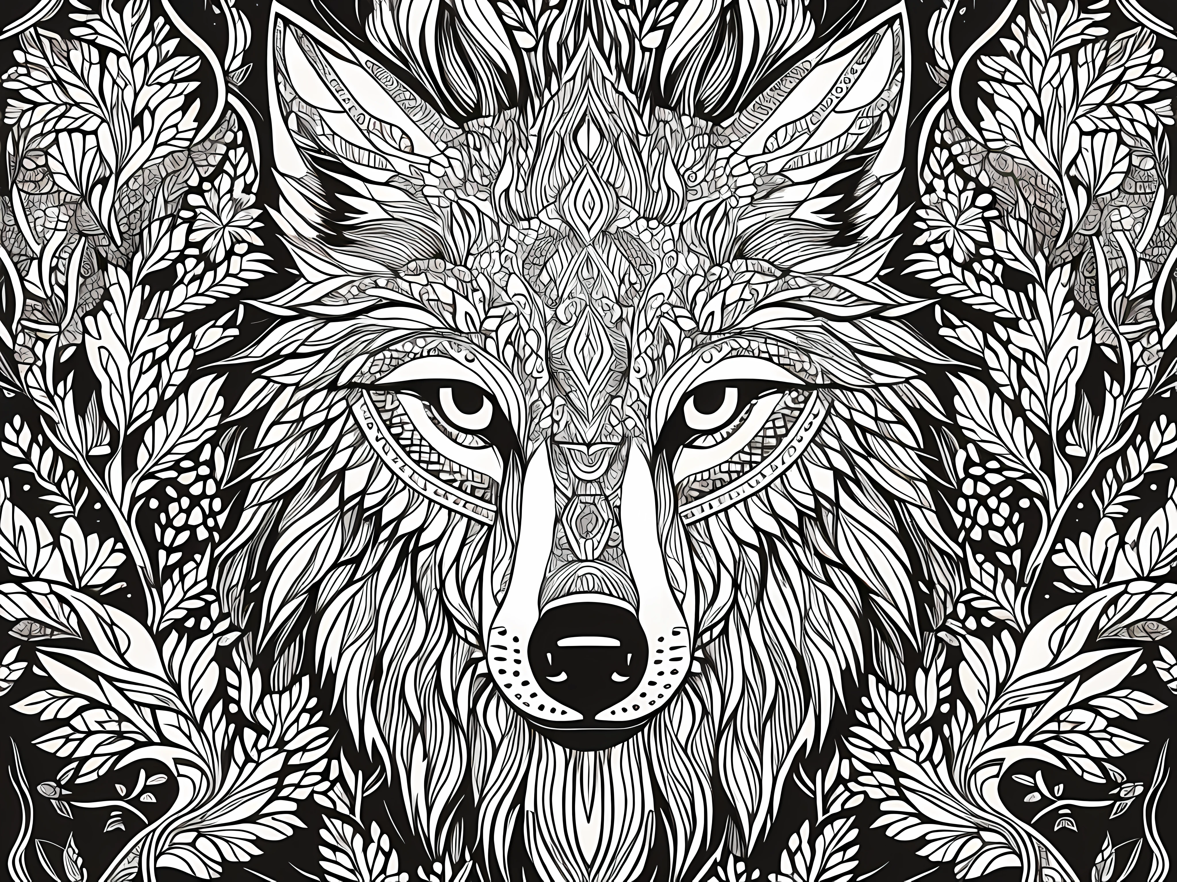 coloring book, connected lines, symmetry, one wolf head, facing front, black and white, thick line work, big patterns, negative space, thick pattern, beautiful forest pattern background, ink fine line art stylized, vector, adobe illustrator, eps, design for tattoo, African pattern
