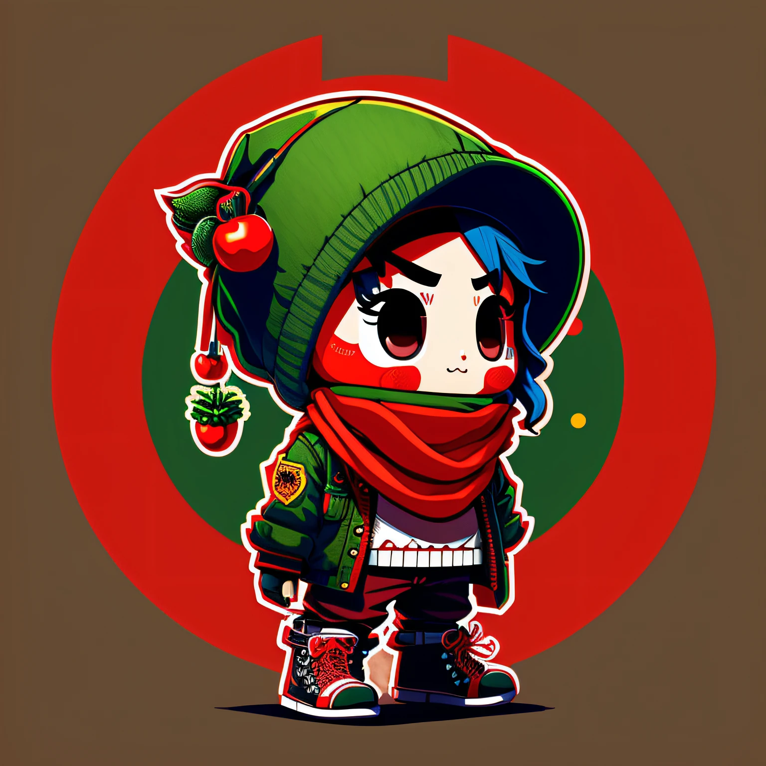Drawing of a tomato in a hat and scarf、Trending on art stations、Dressed in punk clothes、Detailed hyper-realistic rendering、Members of British gangs、Street Style、intimidating pose、Tomato Planet、Trendy clothes、Urban Samurai、West Slavic traits、8 1 5、LINE stickers、For LINE stickers --auto