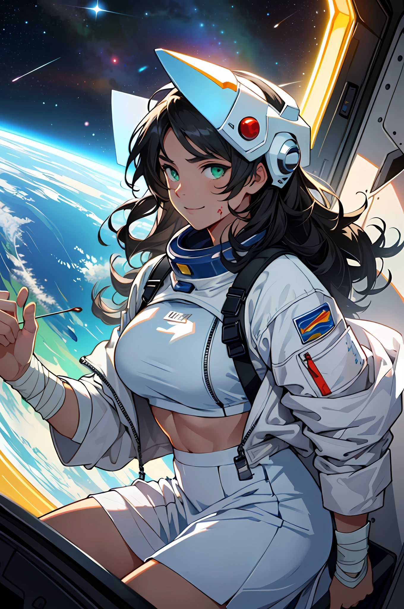 ((((A young woman))), the anime, Green eyes, (black hair), Nice face, ssmile, the perfect body, Wavy Hair, hairlong, (((morena))), big breastes, ((tmasterpiece, beste-Qualit)), illustartion, ультра детализированная 8k, Photorealistic, sharp-focus, higly detailed, Professional lighting, colorful details, Rainbow colors, Glowing, intricate detials, Vivid details, spacesuit, (white skirt), (blue jacket), (The head is bandaged with a bandage), blood on the face, Bruises on his hands, hands in bandages, After the fall, outer space, Planet, the stars, a space ship , (bandage on the head), (drops of blood on the face)