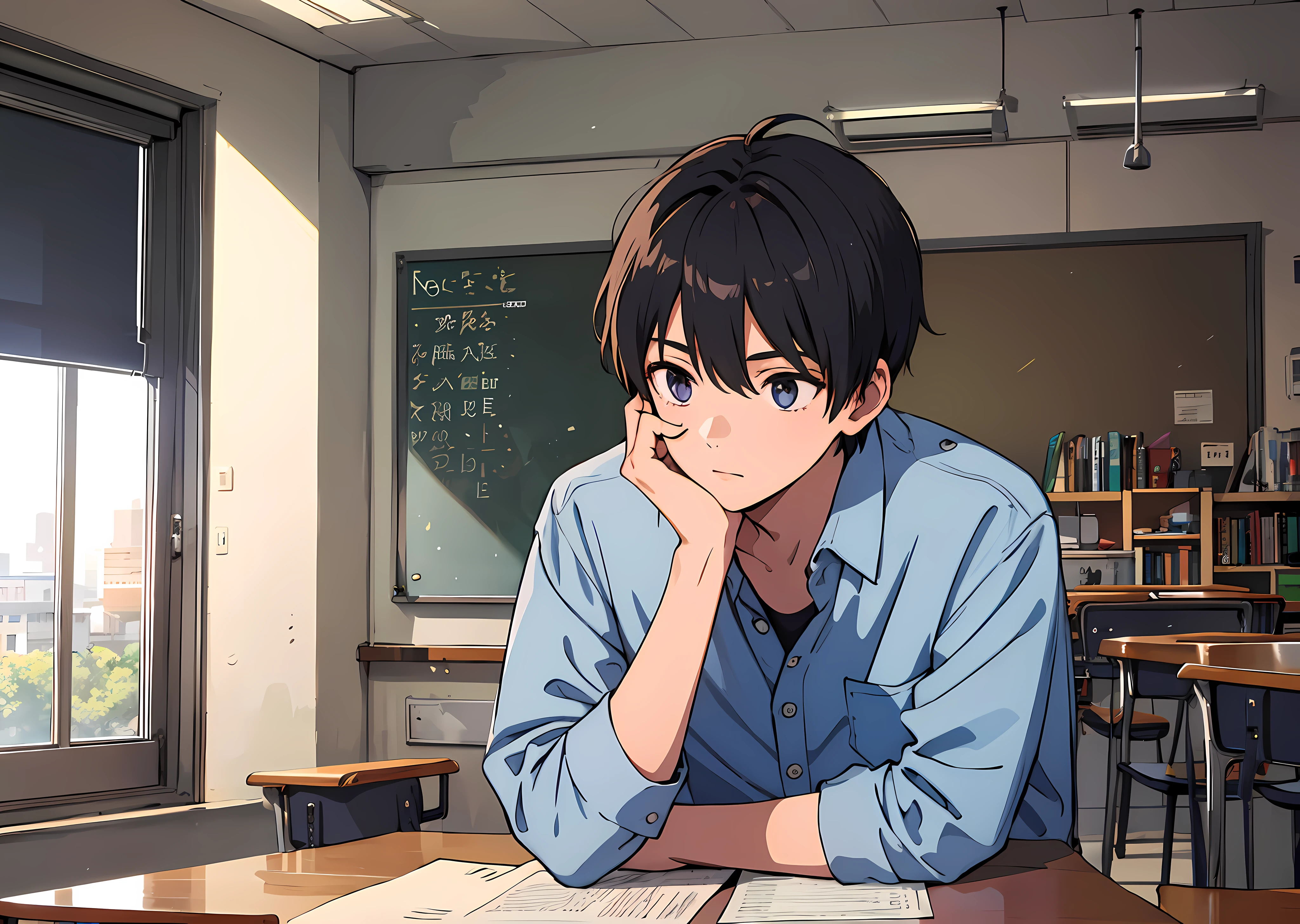 1boy,Sitting,In the classroom,,