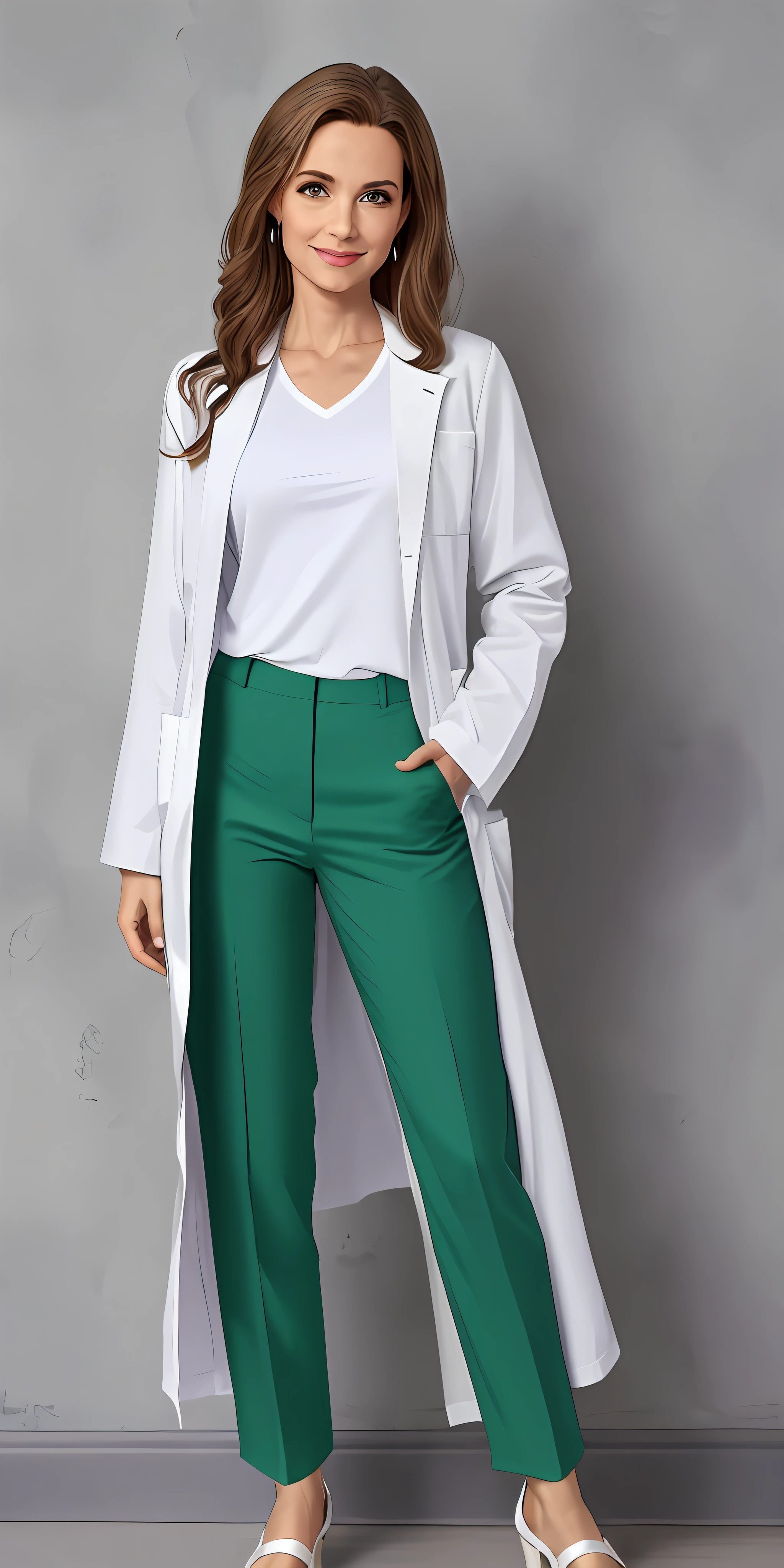 Woman dressed in a white lab coat and green pants, vestindo jaleco branco e blusa verde, sapatos brancos, Enfermeira, Jaleco, usando jaleco, jalecos, foto de retrato de corpo inteiro, usando jaleco, vestindo um jaleco branco, with coat without any emblem or inscriptions in the pockets, vestindo jaleco, usando jaleco, foto de corpo inteiro