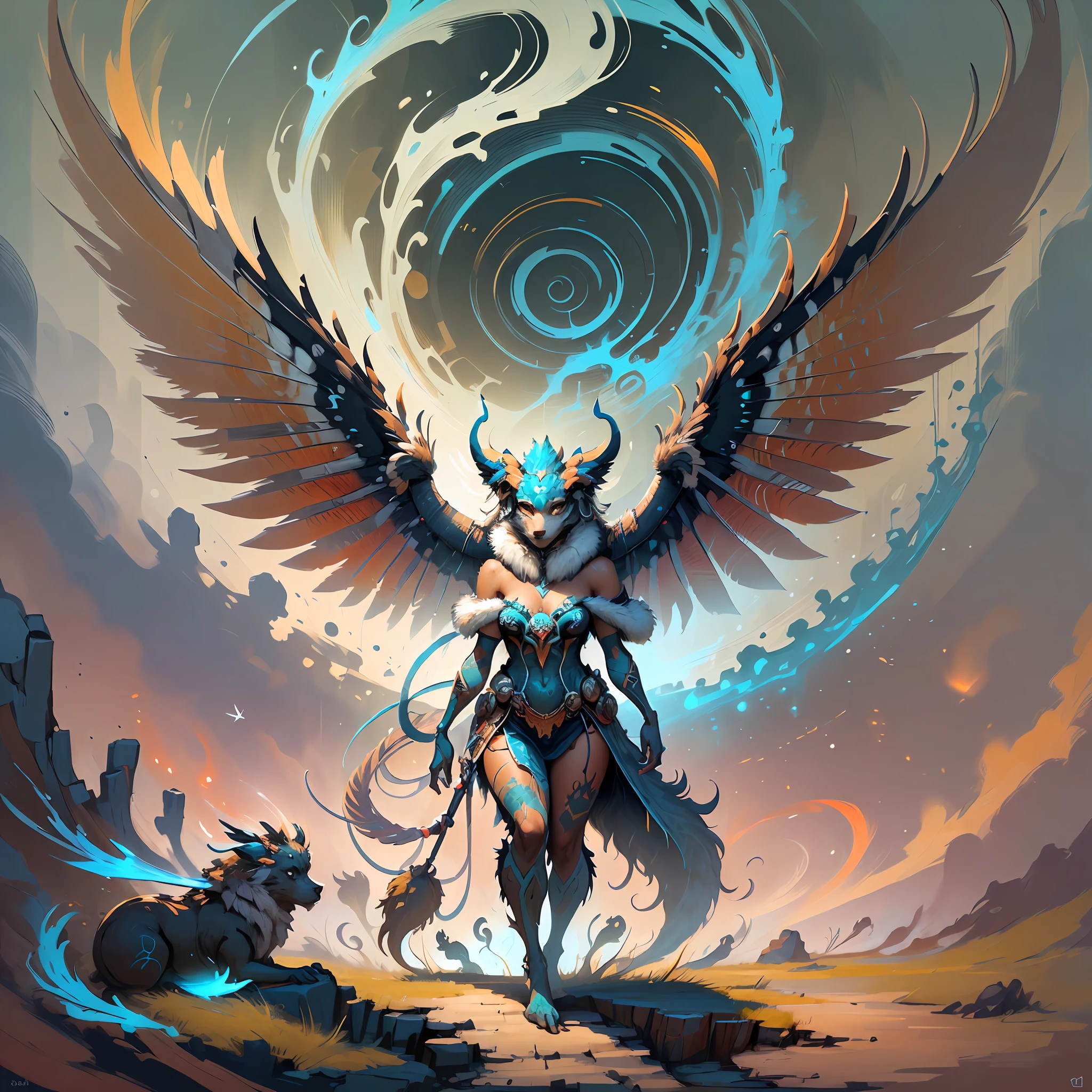 (coherent:1.25) (artistic:1.25) | (centered) (full body) (front view) ((eye contact)) :: 1Creature Design, created by blending 🦣 & ❤ & 👻 features; adorable eyes, fur, scales, wings, vibrant irridescent colors | ((in the style of Bobby Chiu Beth Cavener & Peter Mohrbacher Painting Illustrations)) | Airbrush Esthetic, Aeonpunk & Anachronism Aspects --auto --s2