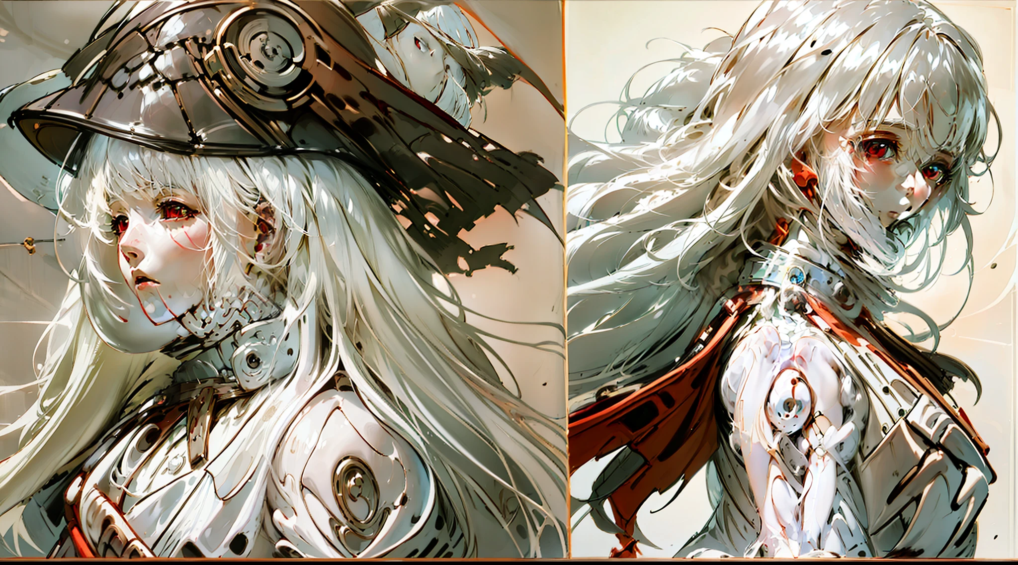 A age girl,White color hair,Red eyes,long whitr hair,Red coat,delicated face, steampunc,airships,Skysky