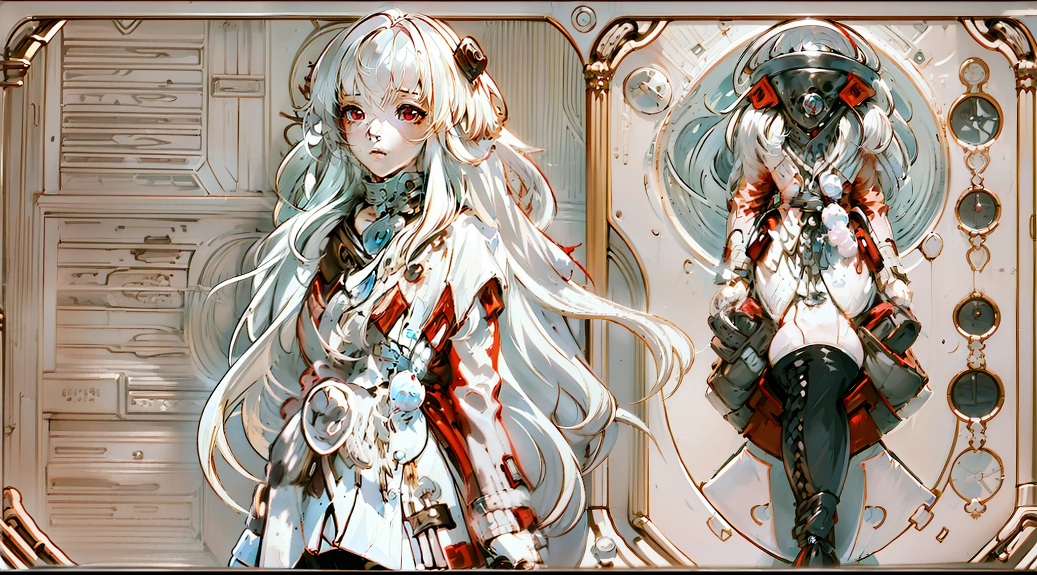 A teenage girl，White color hair，Red eyes，long whitr hair，Red coat,delicated face， steampunc，airships，Skysky