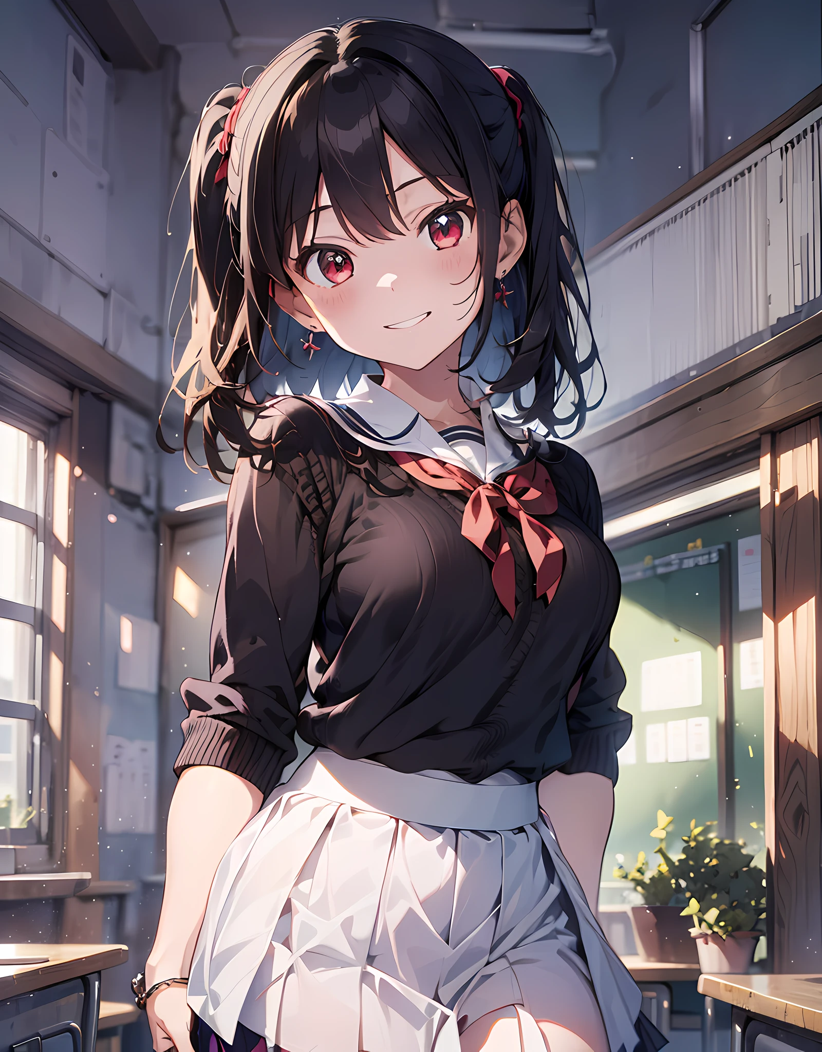 (masterpiece, best quality:1.37), highres, ultra-detailed, ultra-sharp, BREAK, Japanese school girl, 1girl, (black hair, medium hair, pony-tail hair style), red eyes, jewelry, earrings, piercing, BREAK, ((detailed jumper skirt uniform:1.3), (((jumper skirt:1.3))), lovely look), grin, light smile, BREAK, standing, cowboy shot, arms behind back, arms behind on hip, detailed human hands, HDTV:1.2, ((detailed school room background:1.3)), 8 life size, anime style, anime style school girl, perfect anatomy, perfect proportion, inspiration from Kyoto animation and A-1 picture,