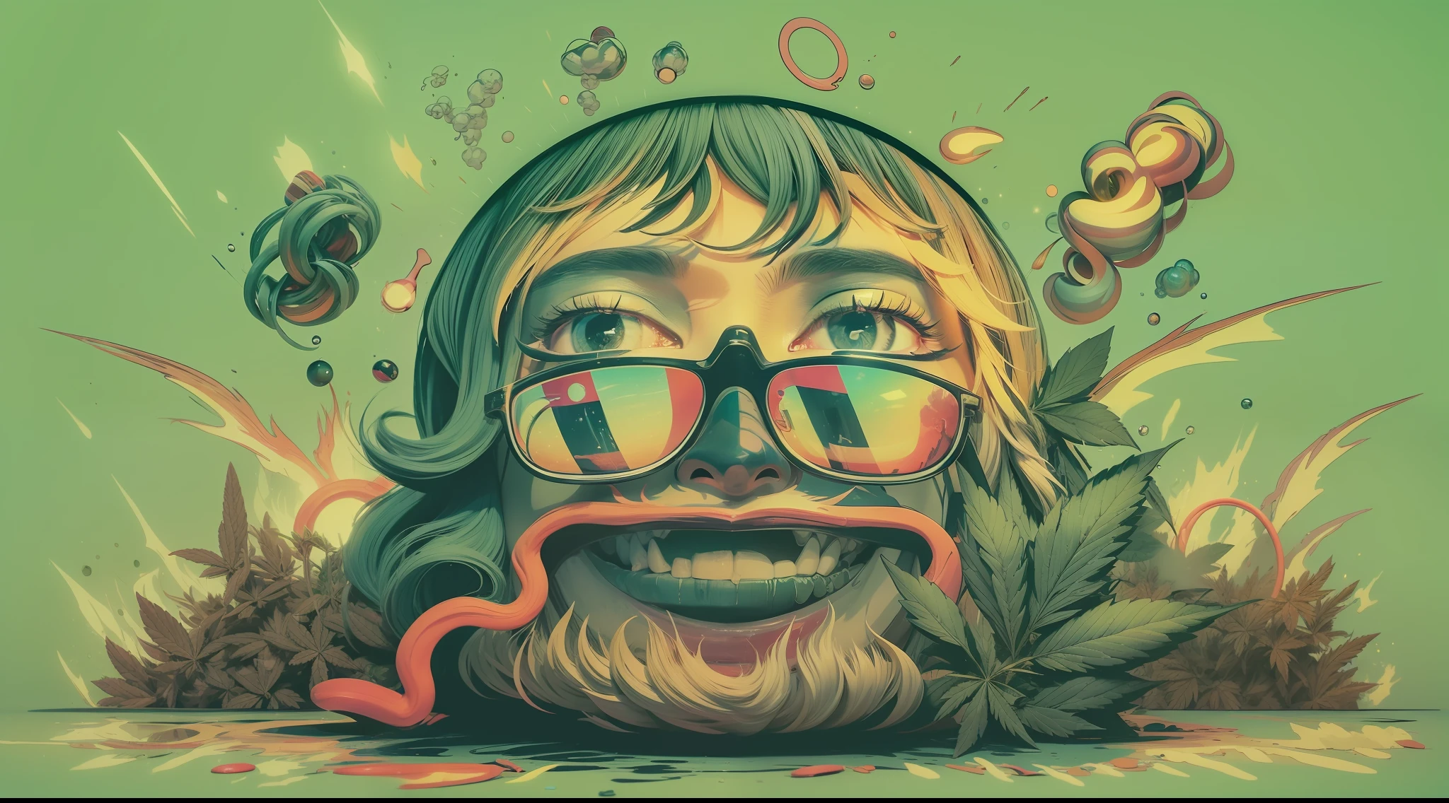 "((best quality)), ((masterpiece)), (detailed), characters smoking marijuana, things and objects smoking marijuana, cartoon-style scene with marijuana, weed, hemp, cartoon, objects, characters, herbs, scene, elements, wafting smoke, accumulated smoke, surreal environment, hyper-realistic, chill atmosphere, vibrant scene, cartoon style with high definition quality, Glowwave, Detailed, Appealing, Ultra-Quality, Trippy, Lo-fi, Stylized, 8k, Super-Resolution, 1080p, Art, Render, Graffiti, ink, nintendo, artwork, paint, spray, particulates, fire, burn, vapor, vaporized, wafting vapor, accumulated vapor, slime, Wax, Sparkles, Glow-In-The-Dark, glowing, glowing, neon, Luminescence, Fluorescent, Blacklight, Glowing Edges, color, green, hue, gradient, vibrance, vibrant, vivid, pigment, gloomy, high saturation, RGB, Fibers, Hard, Mood Lighting, Afterglow, SFX, Vignette, consumable, emoji"