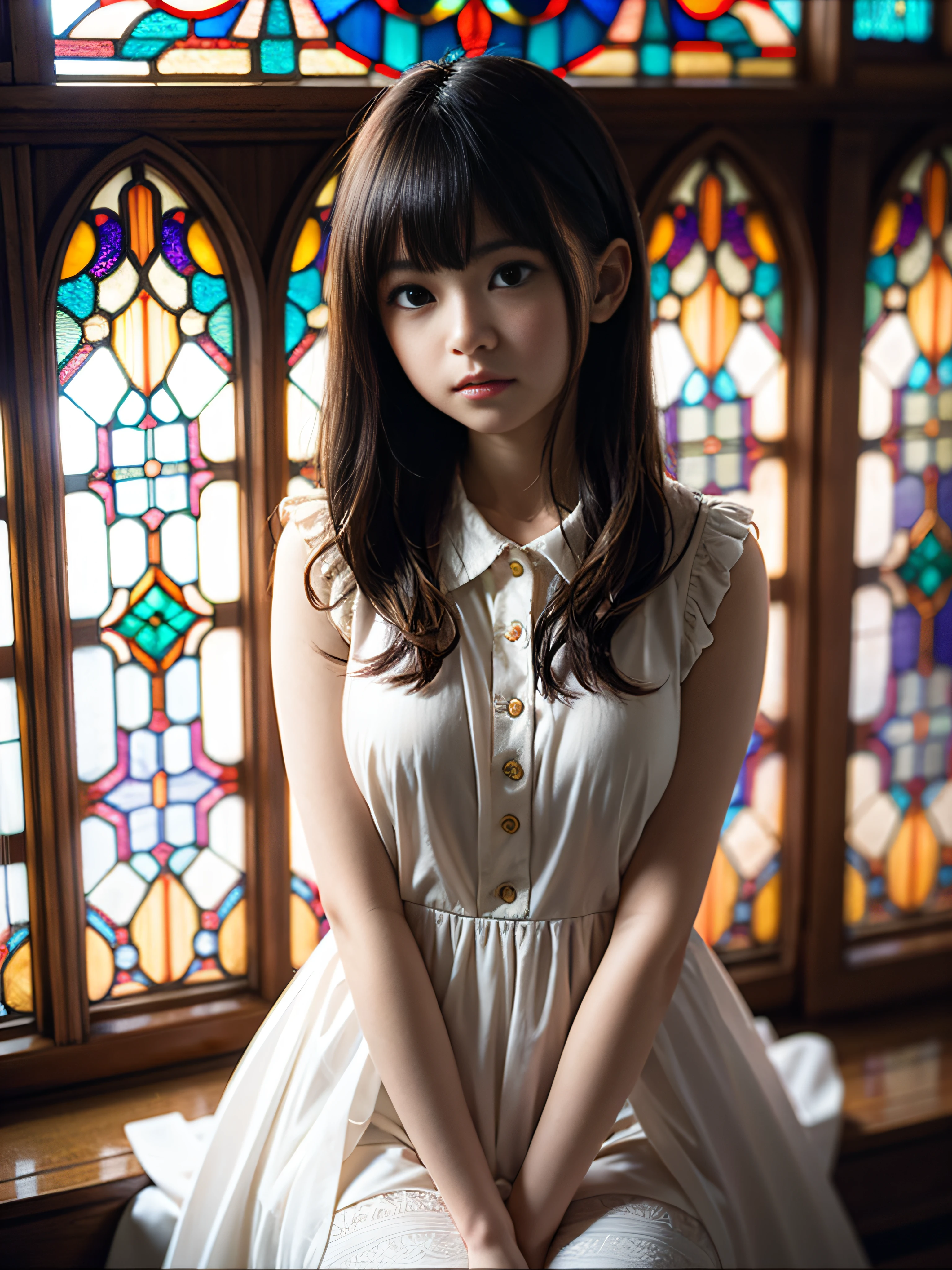 Girl Praying at Society、Beautiful light penetrating through stained glass、From  above、cinematlic lighting、Side breasts are cute