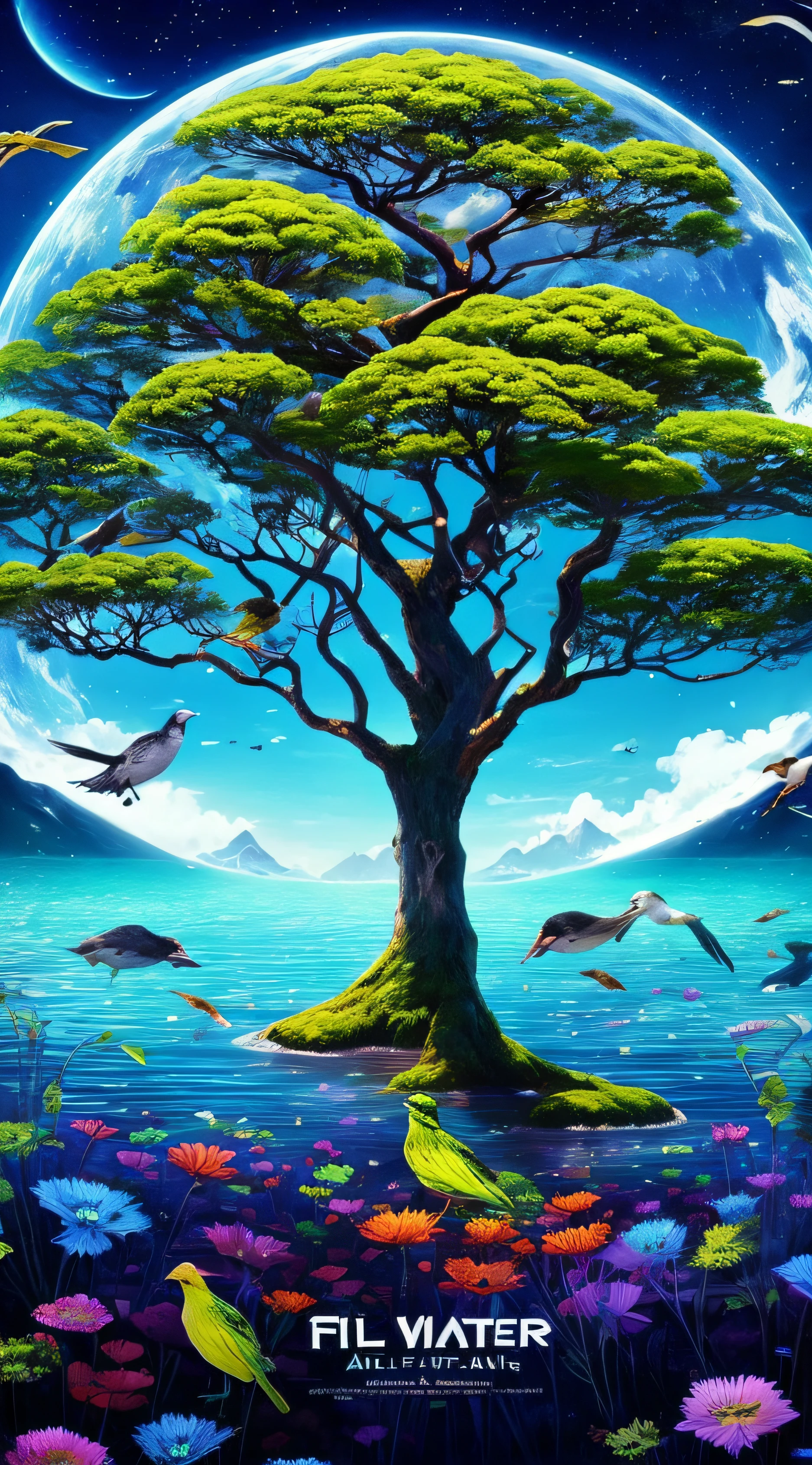 Crie uma cena de planeta como filme avatar, pedras flutuantes, Waters, Florestas com cores florescentes, plantas com cores florescentes, birds, giant trees, blue skies, nuvem, cores vibrantes, vivid colors, mundo espiritual, encantado, fantasia, Magic --auto