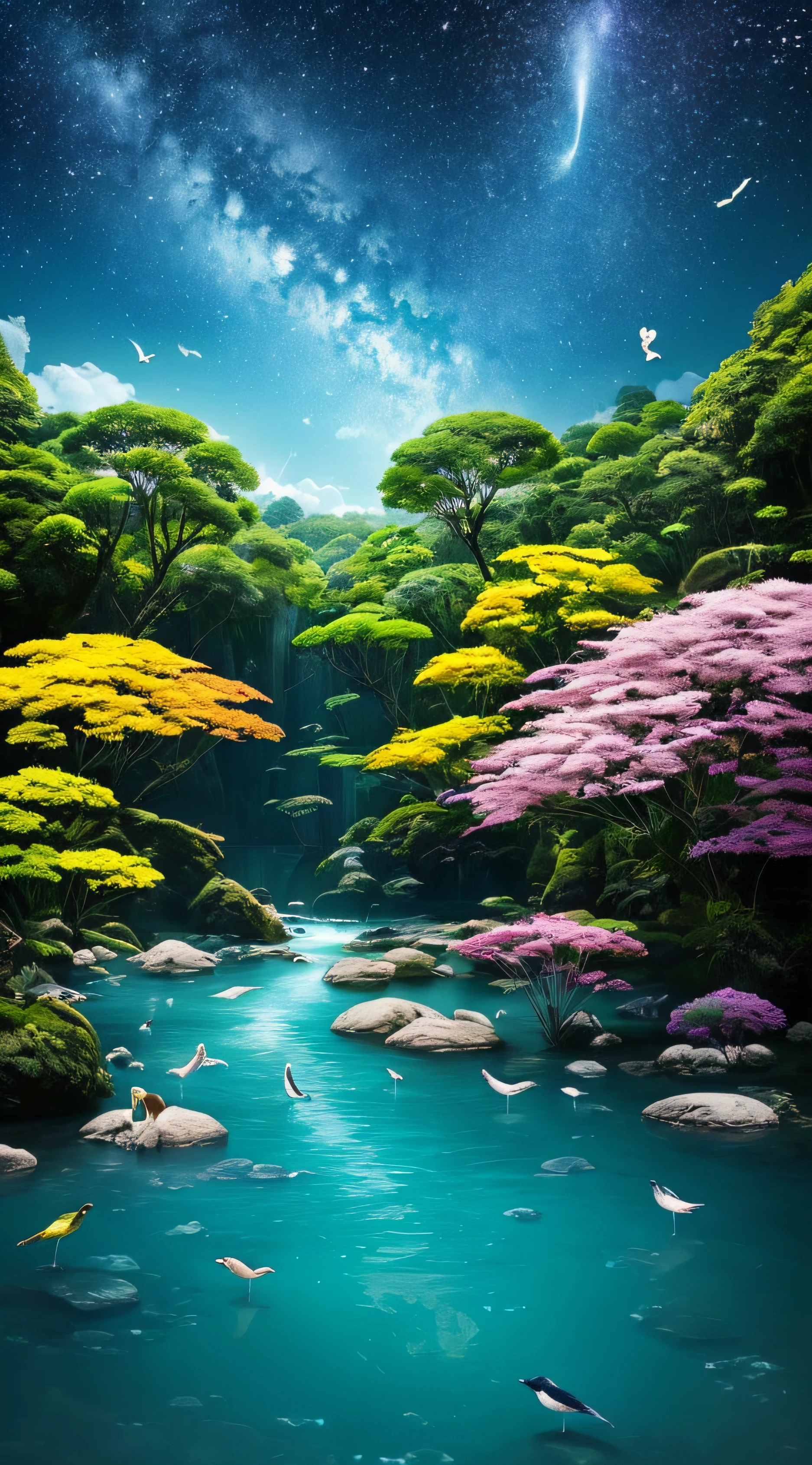 Crie uma cena de planeta como filme avatar, pedras flutuantes, Waters, Florestas com cores florescentes, plantas com cores florescentes, birds, giant trees, blue skies, nuvem, cores vibrantes, vivid colors, mundo espiritual, encantado, fantasia, Magic --auto