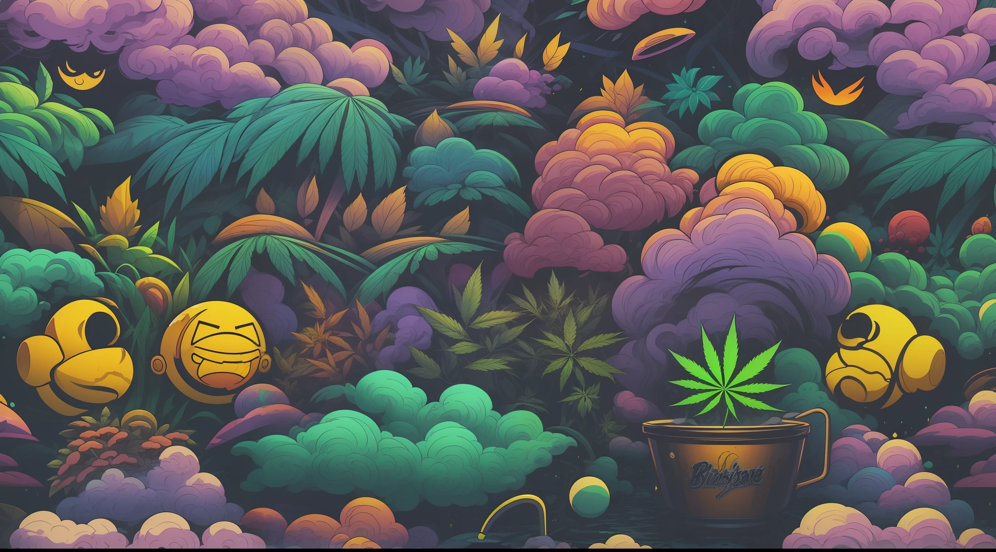 "((best quality)), ((masterpiece)), (detailed), characters smoking marijuana, things and objects smoking marijuana, cartoon-style scene with marijuana, weed, hemp, cartoon, objects, characters, herbs, scene, elements, wafting smoke, accumulated smoke, surreal environment, hyper-realistic, chill atmosphere, vibrant scene, cartoon style with high definition quality, Glowwave, Detailed, Appealing, Ultra-Quality, Trippy, Lo-fi, Stylized, 8k, Super-Resolution, 1080p, Art, Render, Graffiti, ink, nintendo, artwork, paint, spray, particulates, fire, burn, vapor, vaporized, wafting vapor, accumulated vapor, slime, Wax, Sparkles, Glow-In-The-Dark, glowing, glowing, neon, Luminescence, Fluorescent, Blacklight, Glowing Edges, color, green, hue, gradient, vibrance, vibrant, vivid, pigment, gloomy, high saturation, RGB, Fibers, Hard, Mood Lighting, Afterglow, SFX, Vignette, consumable, emoji"