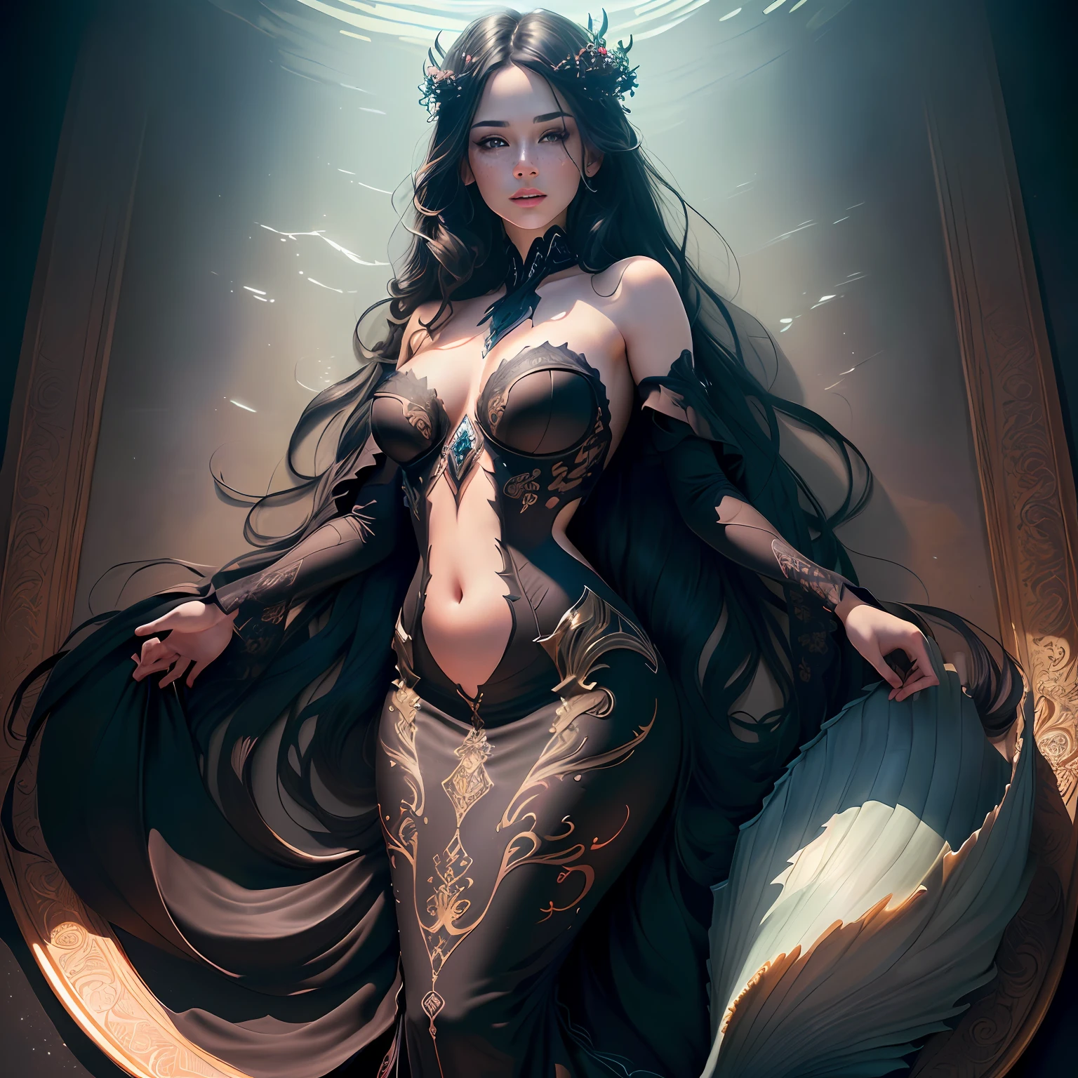 full length portrait of beautiful woman, legs spread crouched, ((perfect female face)), (+long colored wavy hair), (shiny freckles), glitter, wearing a dress, intricate, 8k, highly detailed, volumetric lighting , digital painting, intense, sharp, focus, character design concept art, (dark skin: 1.3), evil, (regal), monarch, athletic body, ((tattooed)), (((big breasts))), (neckline overflow: 1.3), (((big butt))), strong legs, ((soaked)), magnificent, elegant, (dreds: 0.9), high fantasy, portrait, perfect rendered face, perfect details of the face, dark, medium shot, realistic face, realistic photo, style, bf, masterpiece, best quality, ((intricate detail)), high resolution, ((drawn)), cinematic lighting, (((realism))) by Richard Corben, by Miles Aldridge, by John Atkinson Grimshaw, art by artgerm and rutkowski and alphonse mucha, cgsociety