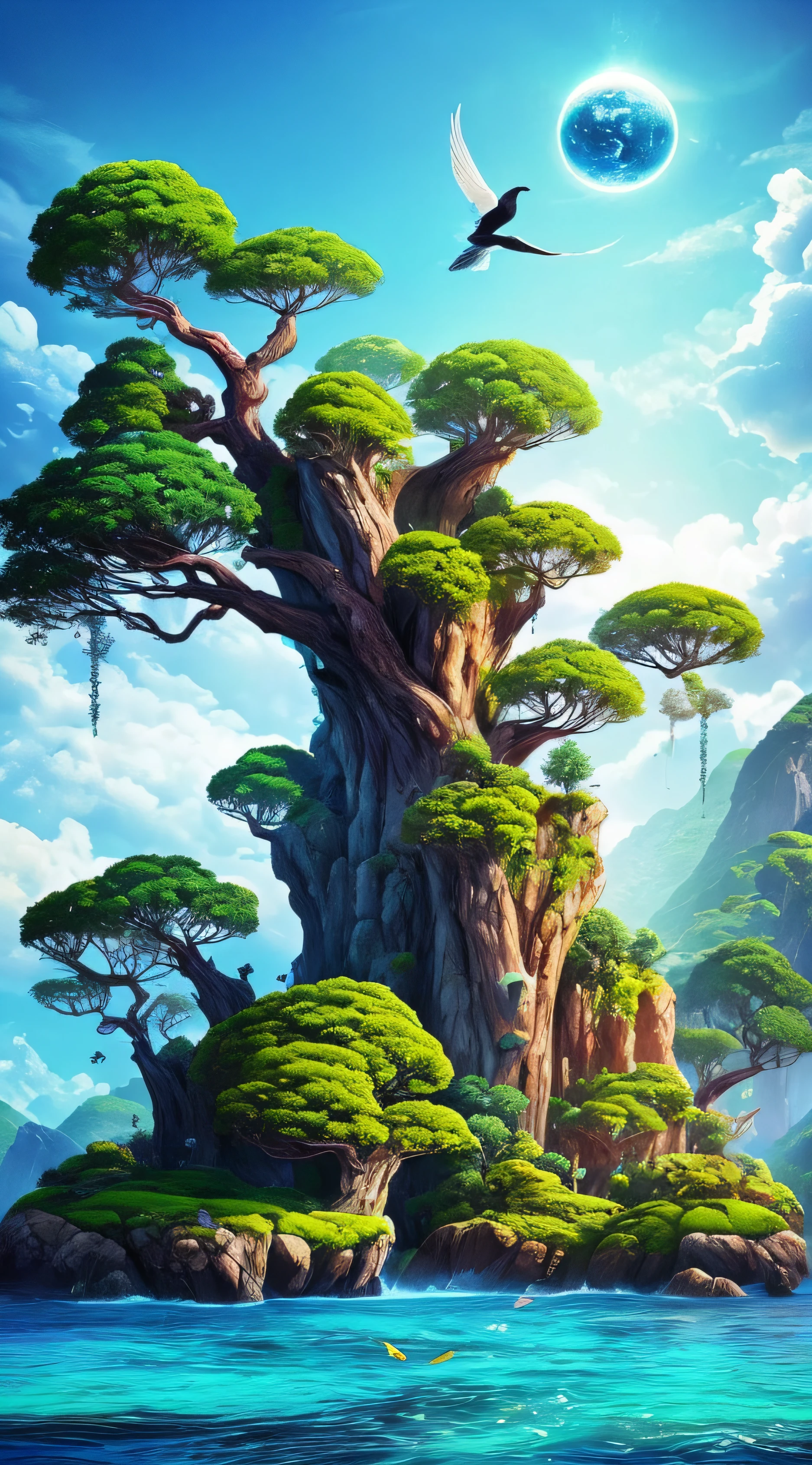 Crie uma cena de planeta como filme avatar, pedras flutuantes, Waters, Florestas com cores florescentes, plantas com cores florescentes, birds, giant trees, blue skies, nuvem, cores vibrantes, vivid colors, mundo espiritual, encantado, fantasia, Magic --auto