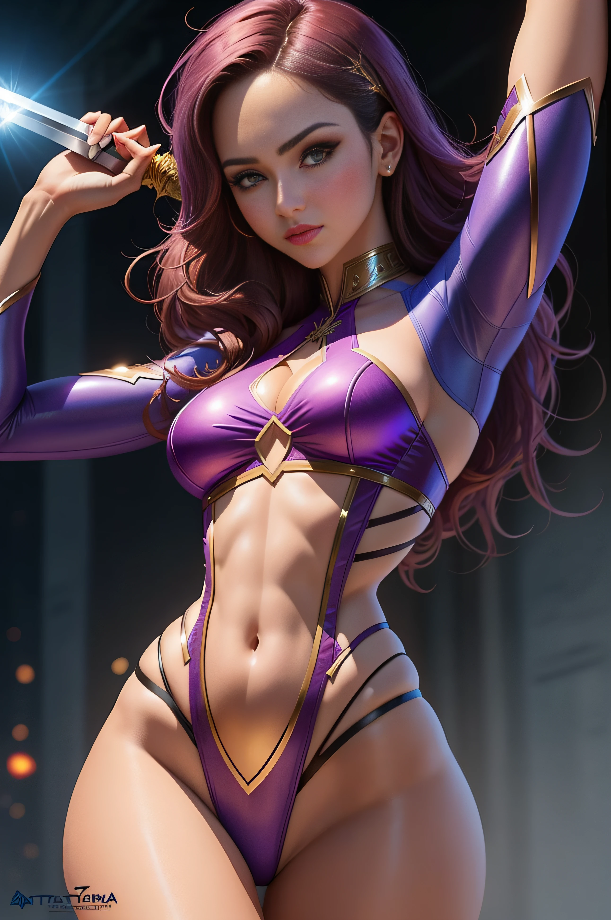 A woman in a purple suit holding a sword and posing, Artgerm extremadamente detallado, Estilo Artgerm, Modelo IG | Artgerm, En el estilo Artgerm, Estilo de Artgerm, Artgerm detallado, Como se ve en Artgerm, Estilo Artgerm, Estilo Ivan Talavera y Artgerm, al estilo de Artgerm