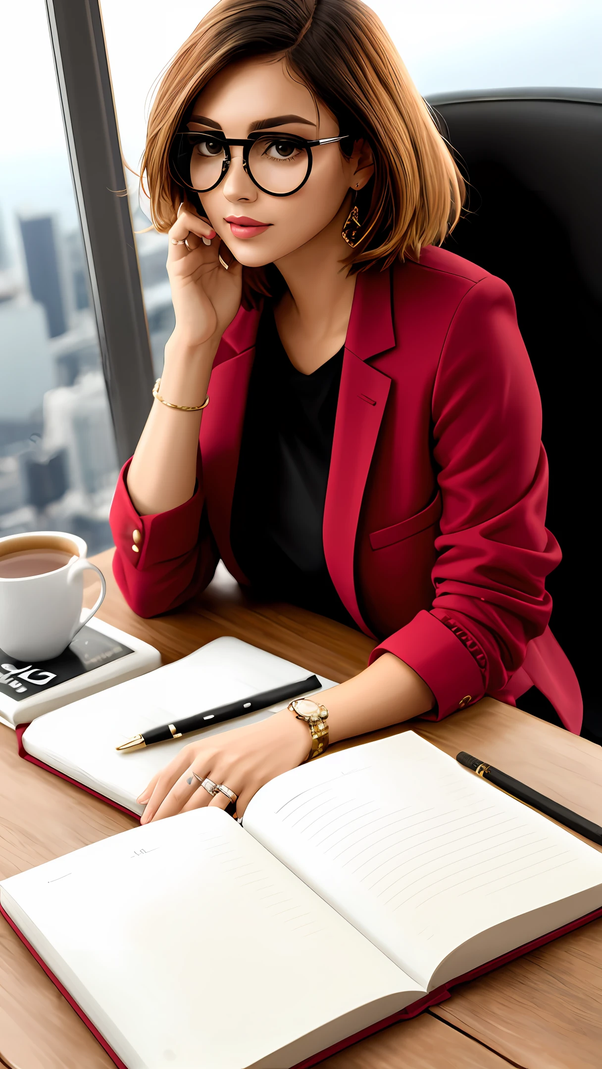 Create a Thinking Woman sitting in a chair with a notebook in her hand,usando oculos cabelos castanhos Morena