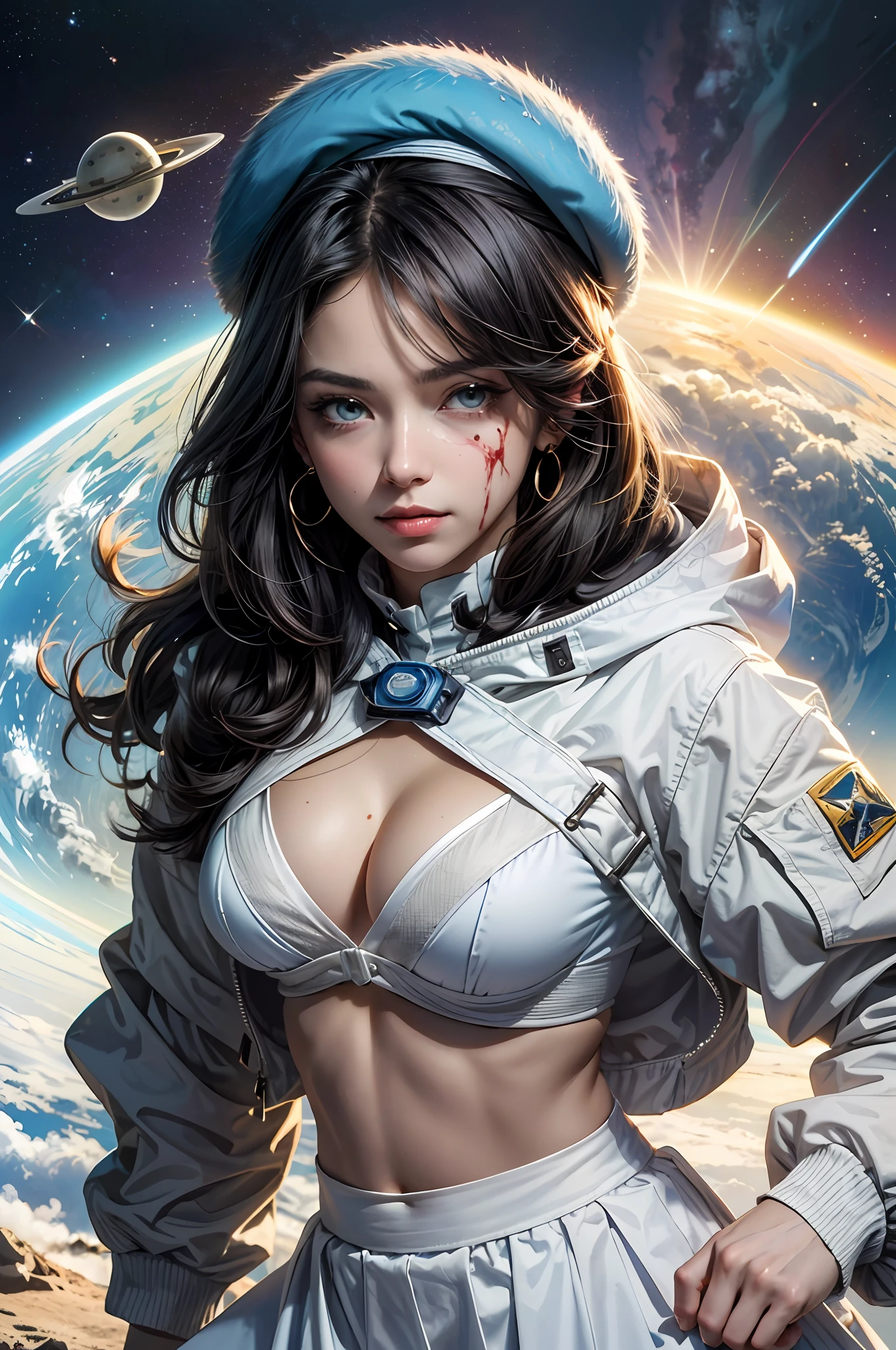 ((((A young woman))), the anime, Green eyes, (black hair), Nice face, ssmile, the perfect body, Wavy Hair, hairlong, (((morena))), big breastes, ((tmasterpiece, beste-Qualit)), illustartion, ультра детализированная 8k, Photorealistic, sharp-focus, higly detailed, Professional lighting, colorful details, Rainbow colors, Glowing, intricate detials, Vivid details, (white skirt), (blue jacket), (The head is bandaged with a bandage), blood on the face, Bruises on his hands, hands in bandages, After the fall, outer space, Planet, the stars, a space ship , (head band), (drops of blood on the face), Blue beret on the floor