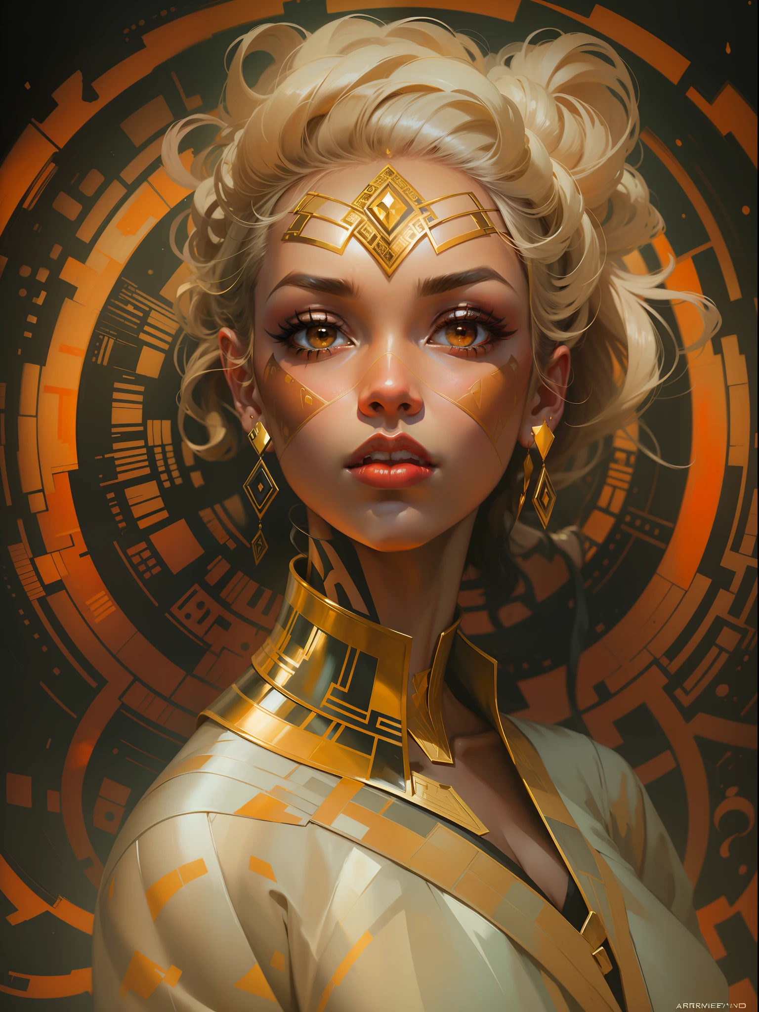 curvy-geometric art, Sharp curvy lines, Golden lines, the merger between gold and black, light on face, Close upp gaisha, red lips, radiant eyes, ethnic geometric pattern by Gustav Klimt orange, by artgerm and Edouard Bisson, highly detailed, art by Stanley Artgerm, Charlie Bowater, Atey Ghailan and Mike Mignola, by greg rutkowski, oil painting, heavy strokes, paint dripping, kids story book style, muted colors, watercolor style
