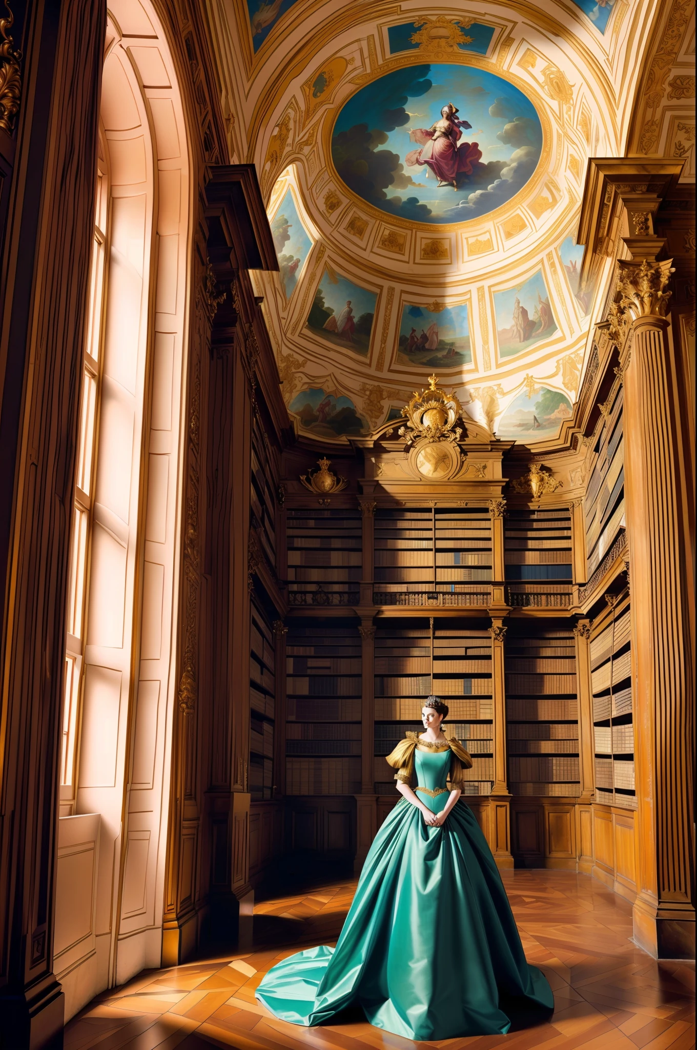 a queen in a golden dress in a baroque library with a painted roof