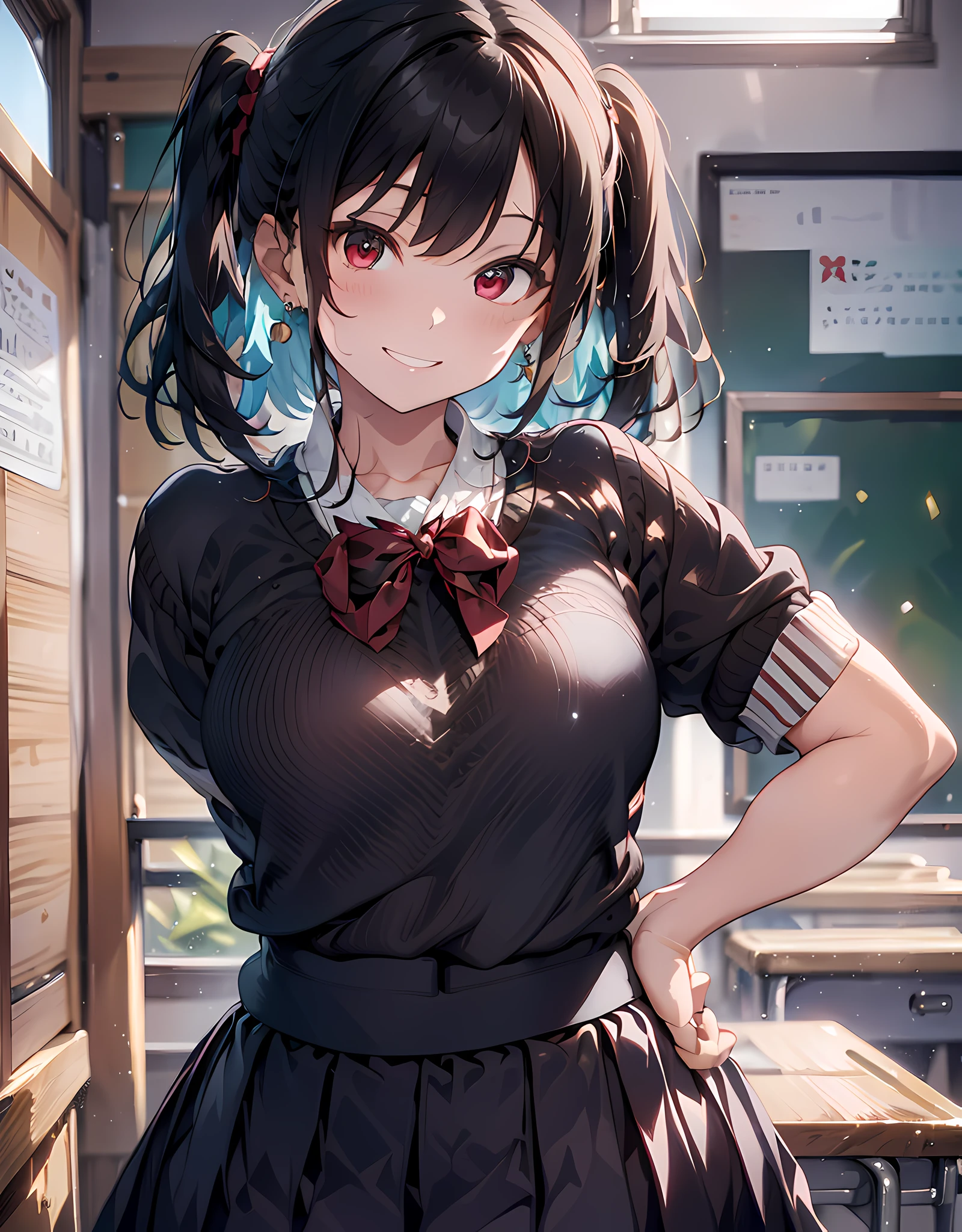 (masterpiece, best quality:1.37), highres, ultra-detailed, ultra-sharp, BREAK, Japanese school girl, 1girl, (black hair, medium hair, pony-tail hair style), red eyes, jewelry, earrings, piercing, BREAK, ((detailed jumper skirt uniform:1.3), (((jumper skirt:1.3))), lovely look), grin, light smile, BREAK, standing, cowboy shot, arms behind back, arms behind on hip, detailed human hands, HDTV:1.2, ((detailed school room background:1.3)), 8 life size, anime style, anime style school girl, perfect anatomy, perfect proportion, inspiration from Kyoto animation and A-1 picture,