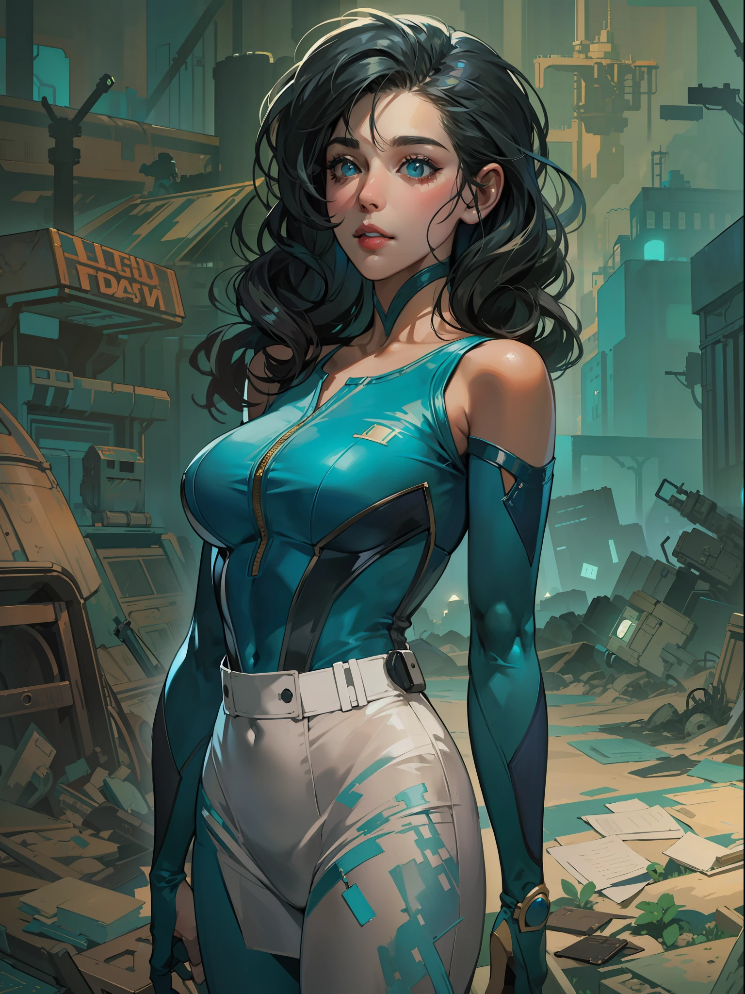 portrait of an alluring 40s style woman in a tight blue bodysuit, fallout suit, vault suit,  ethereal big eyes, wasteland background, concept art, cinematic atmosphere,  illustration, fantasy character illustration, in the style of ismail inceoglu and Alexander Fedosov, science fiction