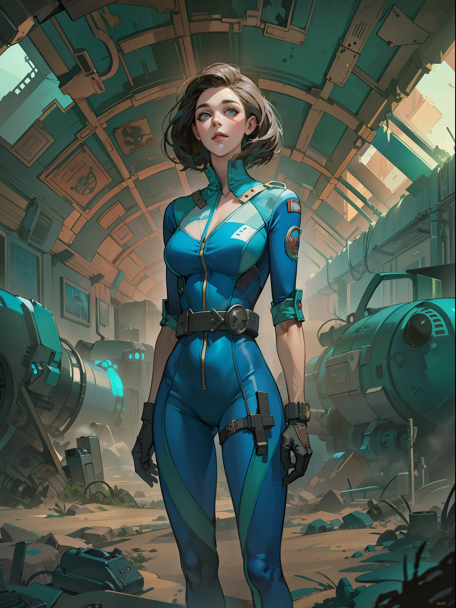 portrait of an alluring 40s style woman in a tight blue bodysuit, fallout suit, vault suit,  ethereal big eyes, wasteland background, concept art, cinematic atmosphere,  illustration, fantasy character illustration, in the style of ismail inceoglu and Alexander Fedosov, science fiction