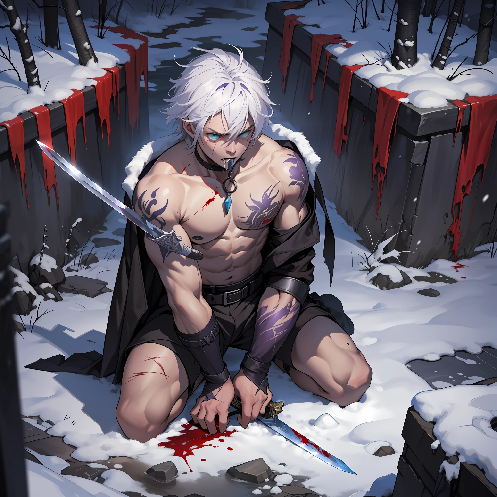 surrealism, Chiaroscuro, Cinematic lighting, From above, Atmospheric perspective, 8K, Super detail,On barren snowy mountains,A naked ager kneels on the snow,An expression of despair,Looking Up The Sky,White sky,tosen,look of anguish,Cyan eyes spilled blood,The whole body is bloody,the scars,Scar,Terrifying,Purple bloodstains,There was a lot of blood on the ground,A broken sword was thrown aside,with short white hair,A rag wrapped around the teen's you,Abyss,Behind him there was a terrible demon,streaming tears,saliva,musculous,nakeness,Shirtless,Holding a worn-out sword in his hand,There is a lot of purple smoke magic around,A mutation occurs,The sword,Sword,big sword,bow and arrows,Tattooed with