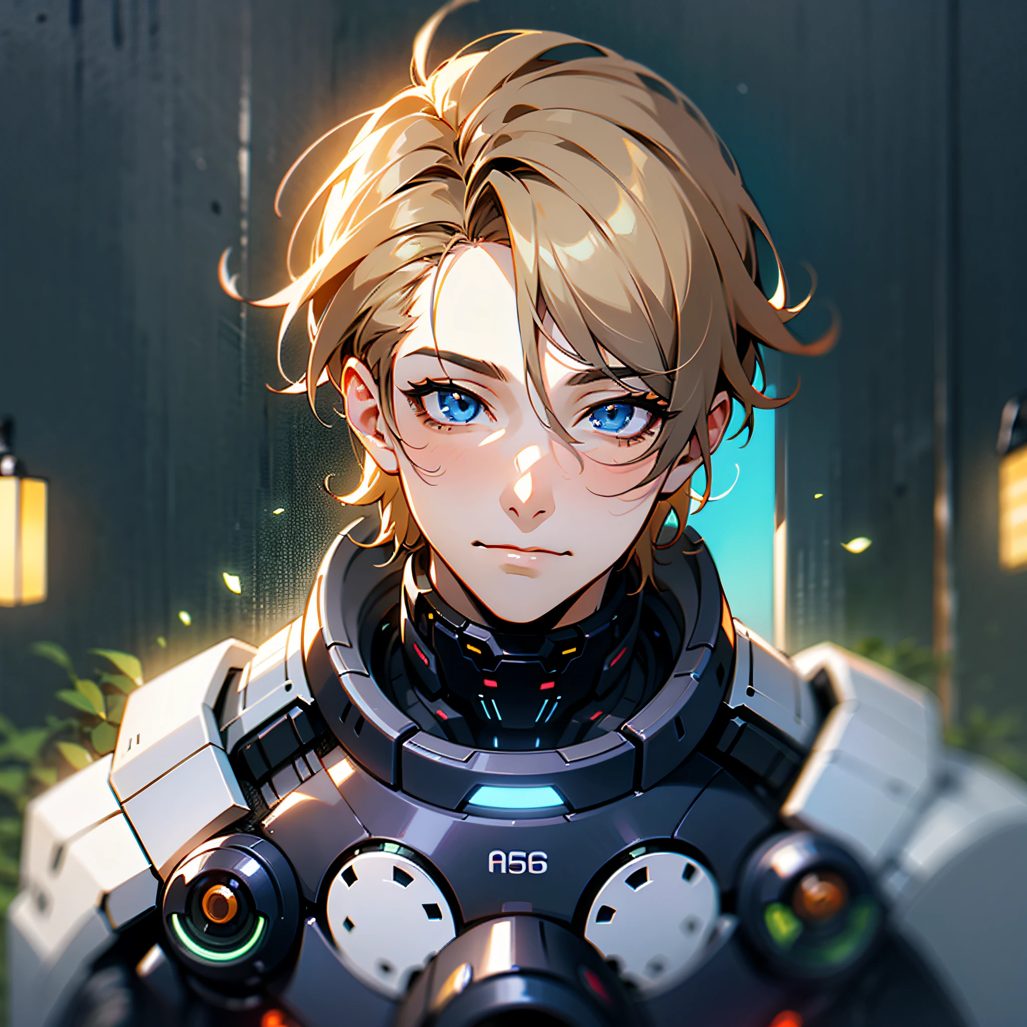 ultimate artificial intelligence, android, humanlike, anime art style, capable of solving anything, headshot, unique character design, warm colors, lifelike, mature, male, creative hairstyle, dappled lighting, easy-going expression, cinematic, blurry foreground