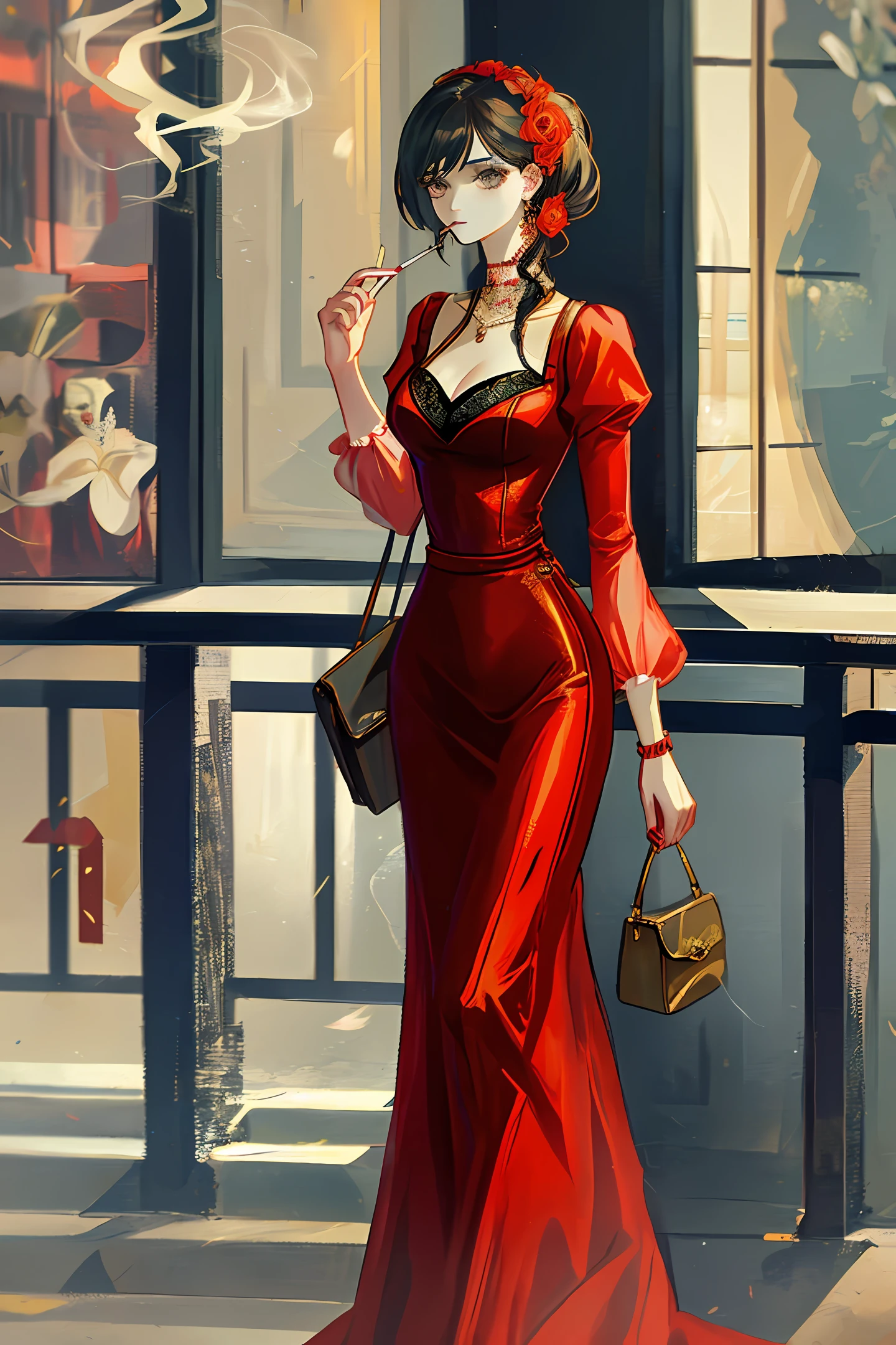 Beautiful woman in red dress smoking cigarette
