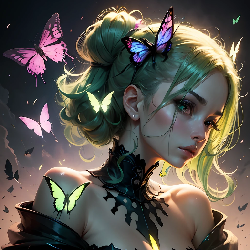 a woman with green butterflies in her hair, CGSetnation, Gothic Art, RossDraw Global Lighting, Love Death and Robots, beautiful anime face, Wallaper Anime, beautiful moths, monochrome green, beautiful backlit, streaming --auto --s2