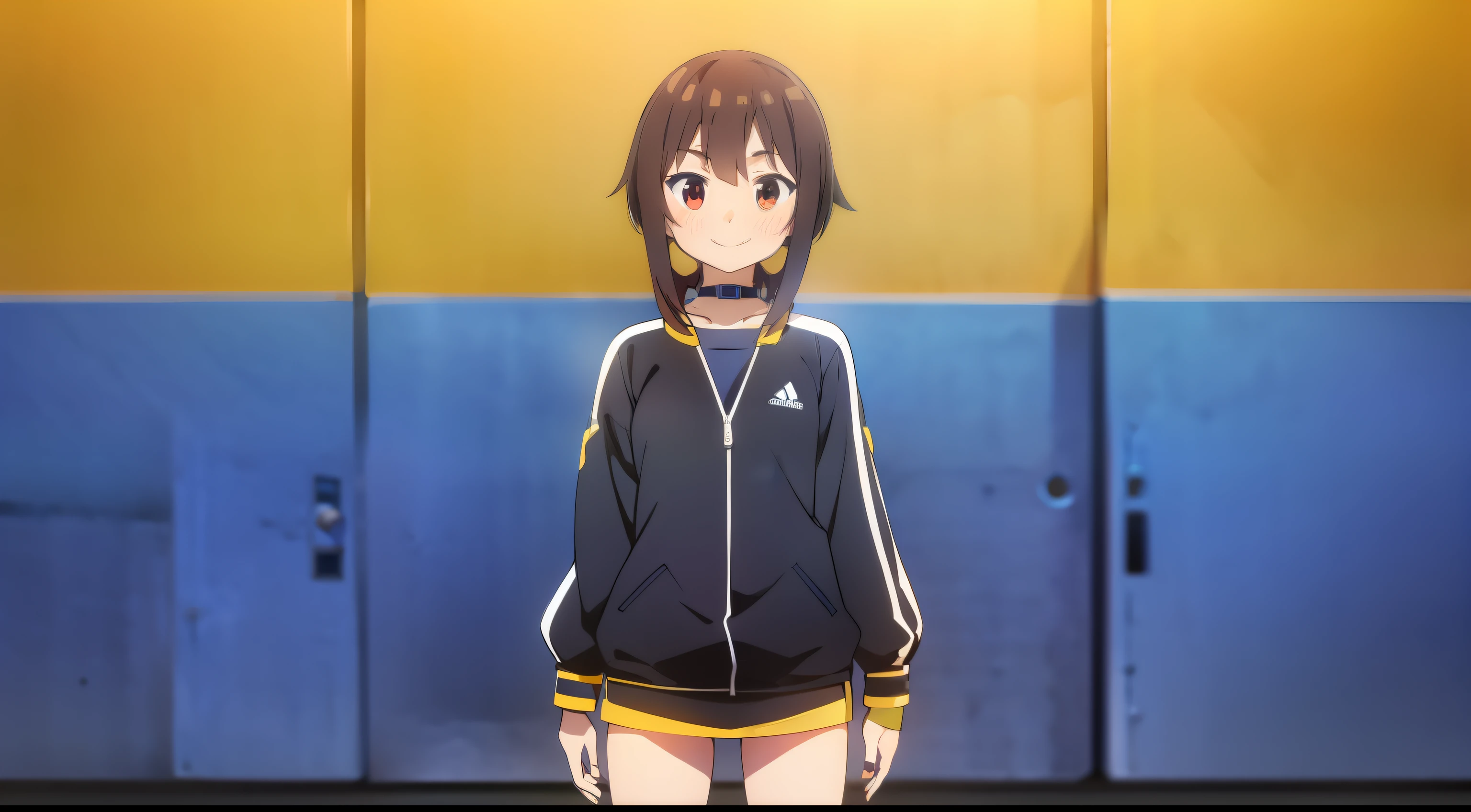 megumin, full body, standing, looking at viewer, (no headwear), brown hair, short hair, red eyes, blush, black choker, she is wearing the blue and yellow boca juniors tracksuit adidas style, adidas style sportswear, and black sneakers, long sleeves, blue gloves, fingerless gloves, Smile, cowboy shot, konosuba anime style, la bombonera stadium background with blue and yellow flags, all adidas style clothing with the three yellow stripes