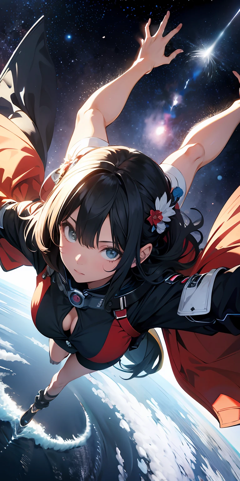 absurd res, high res, (masterpiece:1.4), ultra-detailed, 1girl, from above, space, floating