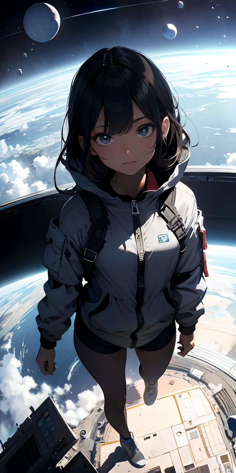 absurd res, high res, (masterpiece:1.4), ultra-detailed, 1girl, from above, space, floating