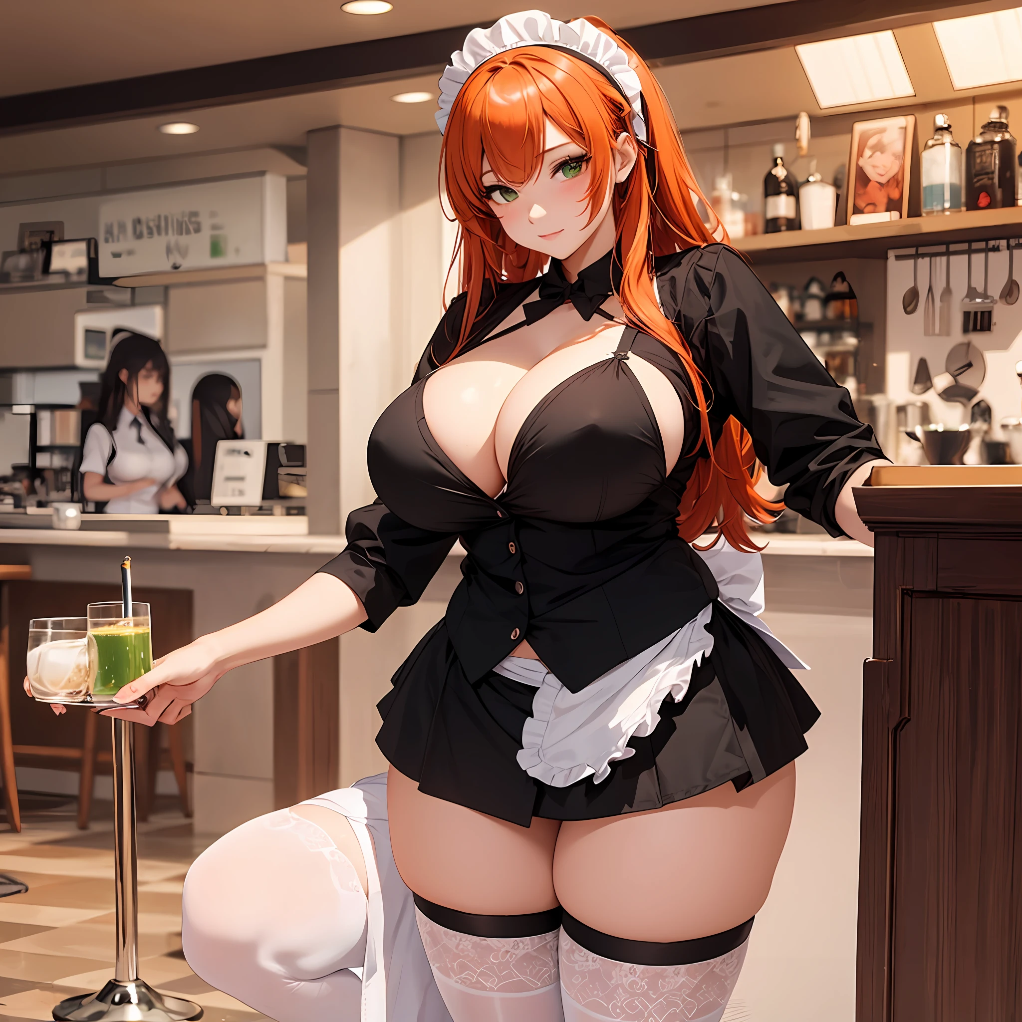 /draw ai_generated curvy_body curvy_female curvy_figure The average cup size female_only huge_breasts looking_at_viewer +maid solo_female solo_focus stable_diffusion waitress orange_hair green_eyes lifts the skirt showing black panties big hips legs in white stockings