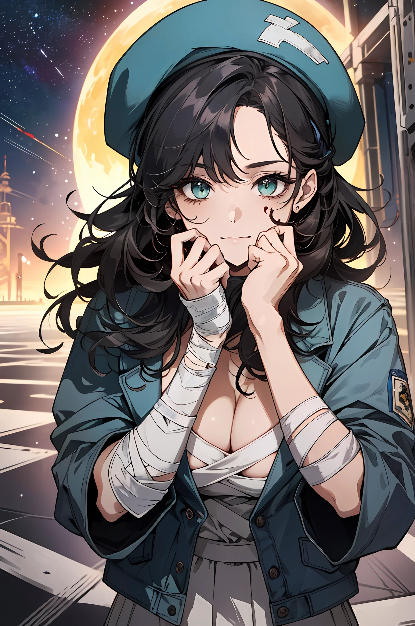 ((((A young woman))), the anime, Green eyes, (black hair), Nice face, ssmile, the perfect body, Wavy Hair, hairlong, (((morena))), big breastes, ((tmasterpiece, beste-Qualit)), illustartion, ультра детализированная 8k, Photorealistic, sharp-focus, higly detailed, Professional lighting, colorful details, Rainbow colors, Glowing, intricate detials, Vivid details, (white skirt), (blue jacket), (The head is bandaged with a bandage), blood on the face, Bruises on his hands, hands in bandages, After the fall, outer space, Planet, the stars, a space ship , (head band), (drops of blood on the face), Blue beret on the floor