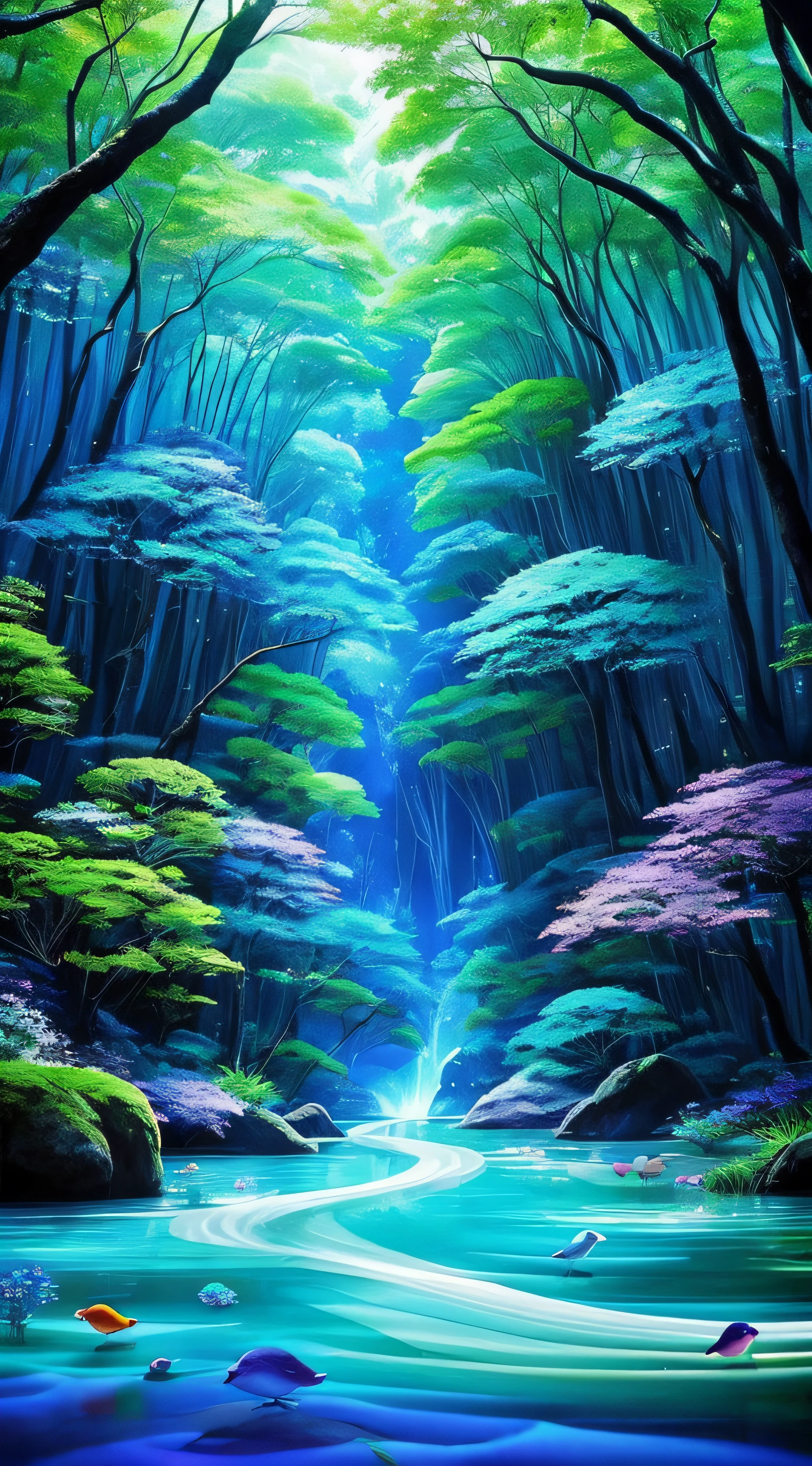 Crie uma cena de planeta como filme avatar, pedras flutuantes, Waters, Florestas com cores florescentes, plantas com cores florescentes, birds, giant trees, blue skies, nuvem, cores vibrantes, vivid colors, mundo espiritual, encantado, fantasia, Magic --auto