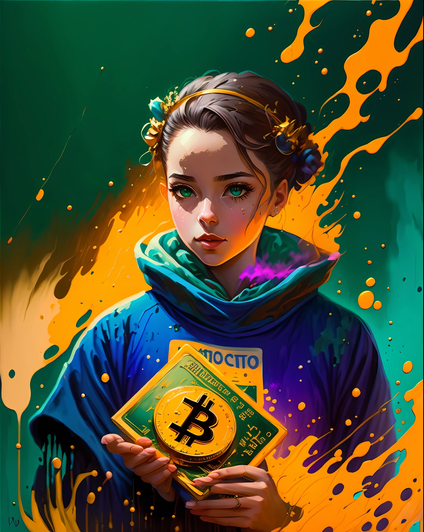 olpntng style, A highly detailed and hyper realistic drawing of a 1950's atomic waste cheerleader holding gold bitcoin, cryptocurrency, by alberto seveso and lisa frank, trending on artstation, sharp focus, studio photo, intricate details, highly detailed, by Tvera and wlop and artgerm, insane detail, oil on canvas, moody, eerie, mystery, artstation, sharp focus, cinematic lighting, studio photo, intricate details, highly detailed, concept art, oil painting, heavy strokes, paint dripping,bitcoin