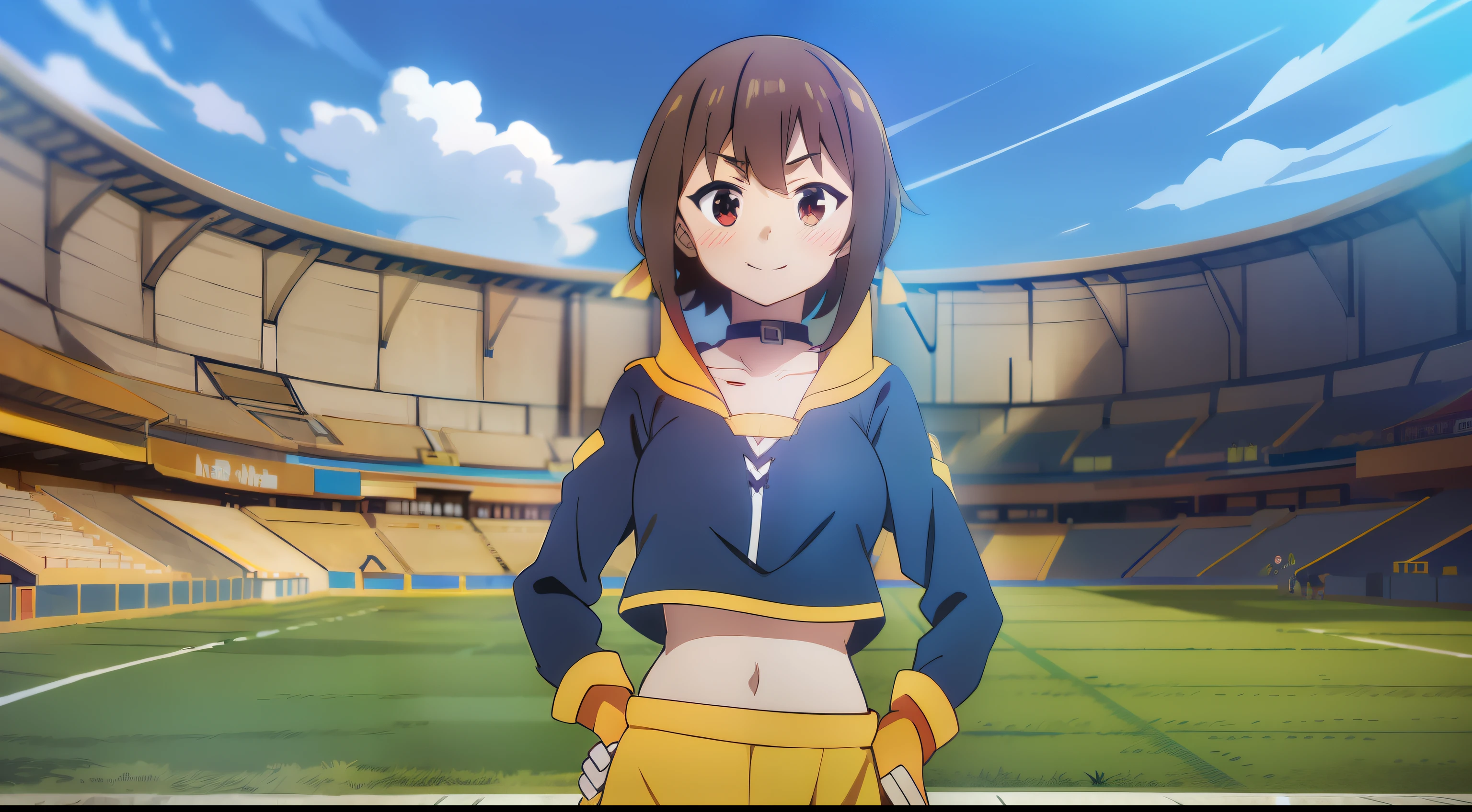 megumin, standing, looking at viewer, (no headwear), brown hair, short hair, red eyes, blush, black choker, with a blue and yellow adidas sports jacket, dressed in long blue and yellow adidas sports pants that cover the legs, and black sneakers, long sleeves, blue gloves, fingerless gloves, skindentation, Smile, cowboy shot, konosuba anime style, la bombonera stadium background with blue and yellow flags, boca juniors set dress