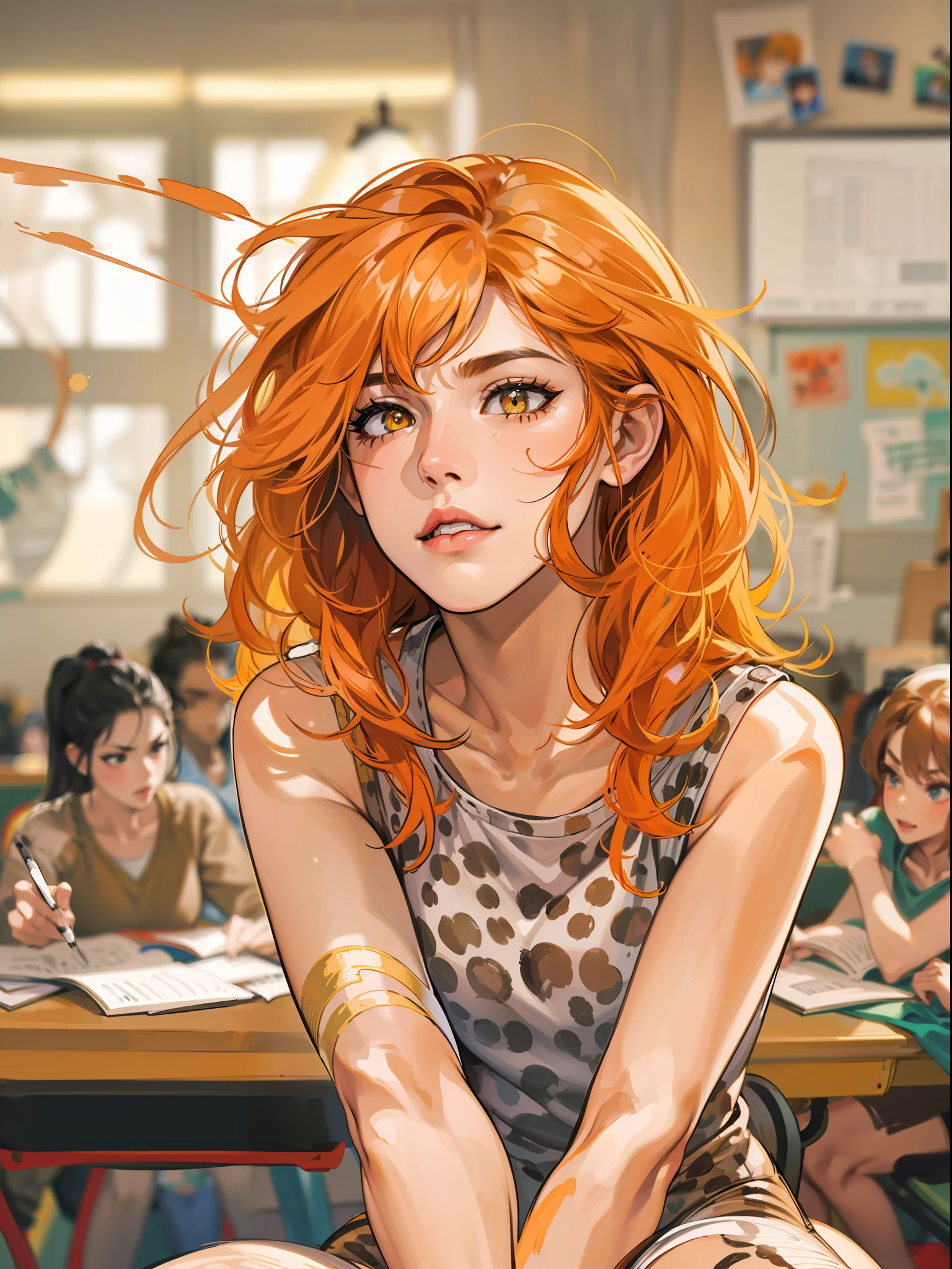 Girl in a classroom, realistic face, masterpiece, long messy orange hair, yellow eyes, leopard print leotard, squatting in room, angry, snarling, big nails, wild, spectacular, circus body, sketch unfinished, high waisted portrait realistic sketch style, watercolor and pencil line style, free lines, on paper, character sheet, sharp lines, animated, 8k, highly detailed face, freedom, soul, digital illustration, close-up perfection, dynamic, highly detailed