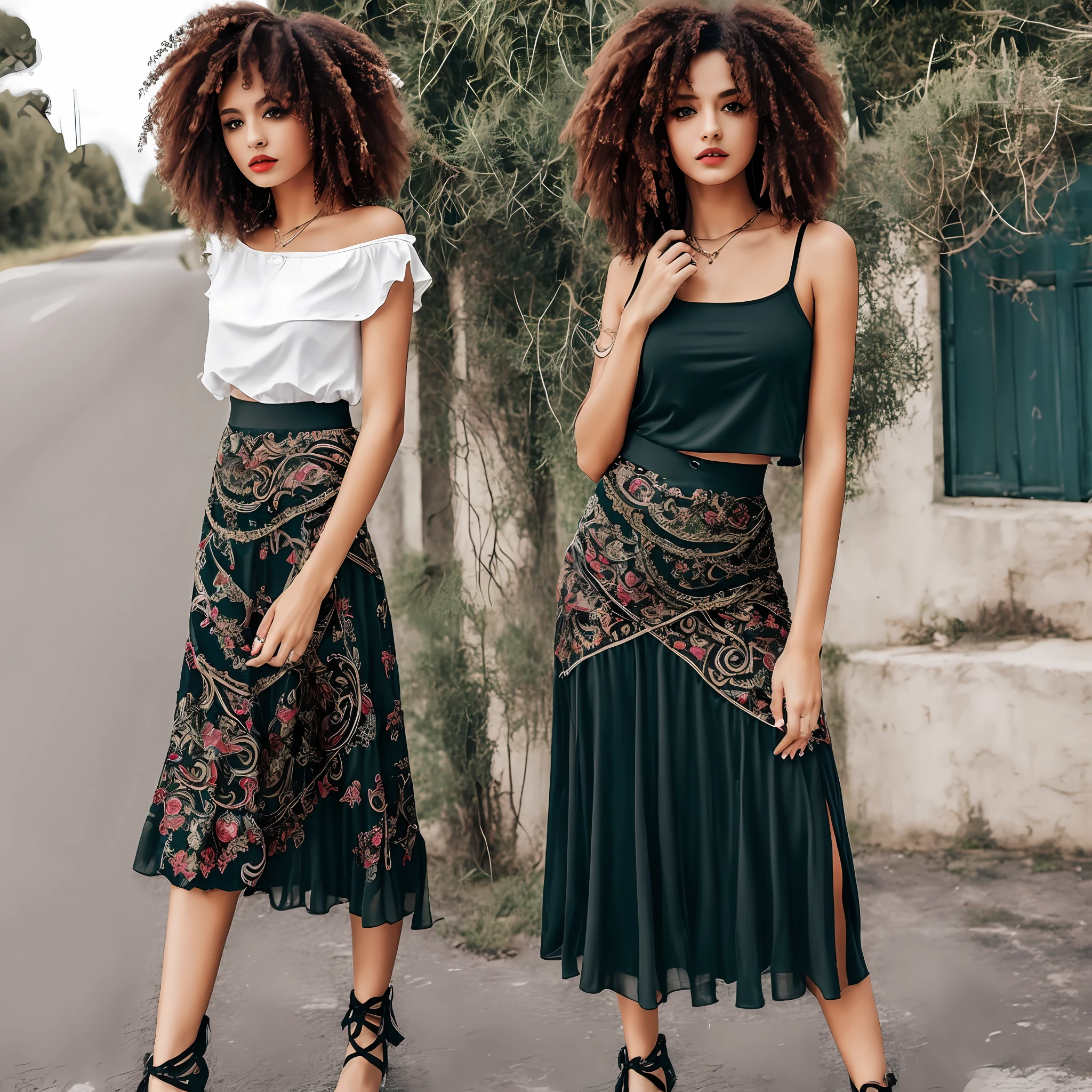 Sexy Woman Gothic Half Gypsy Long Skirt Top on the Road Green Eyes Curly Hair --auto
