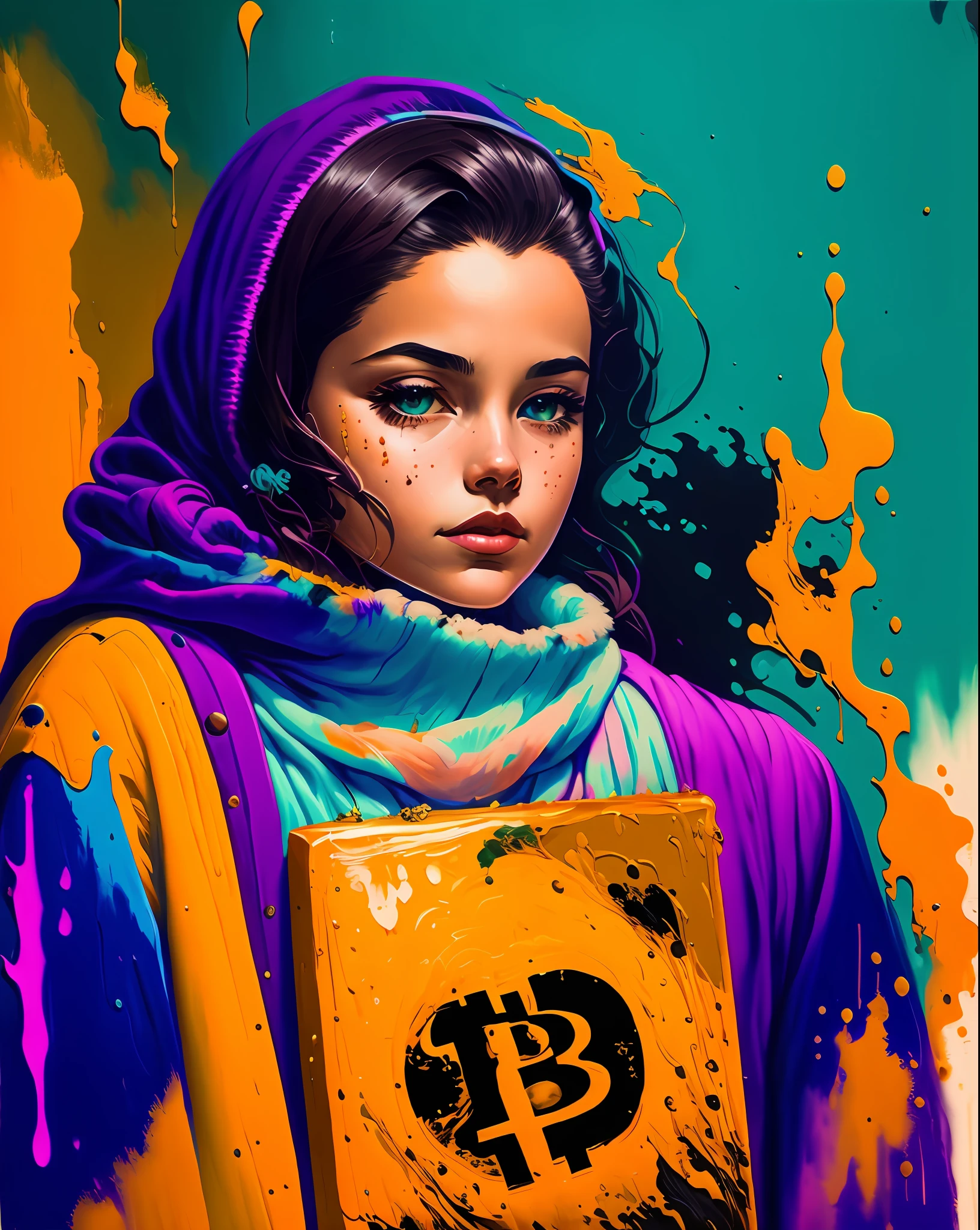 olpntng style, A highly detailed and hyper realistic drawing of a 1950's atomic waste cheerleader holding gold bitcoin, cryptocurrency, by alberto seveso and lisa frank, trending on artstation, sharp focus, studio photo, intricate details, highly detailed, by Tvera and wlop and artgerm, insane detail, oil on canvas, moody, eerie, mystery, artstation, sharp focus, cinematic lighting, studio photo, intricate details, highly detailed, concept art, oil painting, heavy strokes, paint dripping,bitcoin