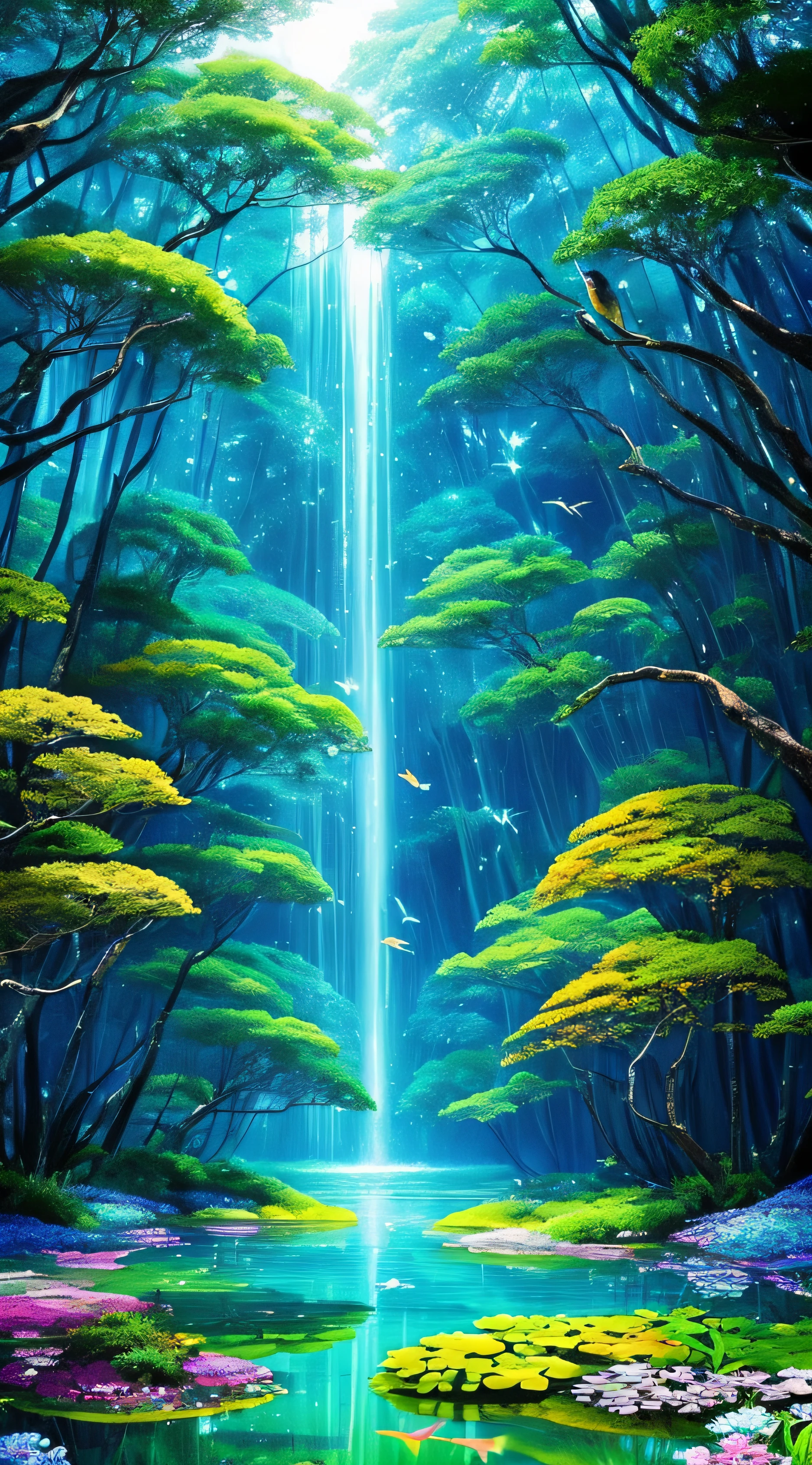 Crie uma cena de planeta como filme avatar, pedras flutuantes, Waters, Florestas com cores florescentes, plantas com cores florescentes, birds, giant trees, blue skies, nuvem, cores vibrantes, vivid colors, mundo espiritual, encantado, fantasia, Magic --auto