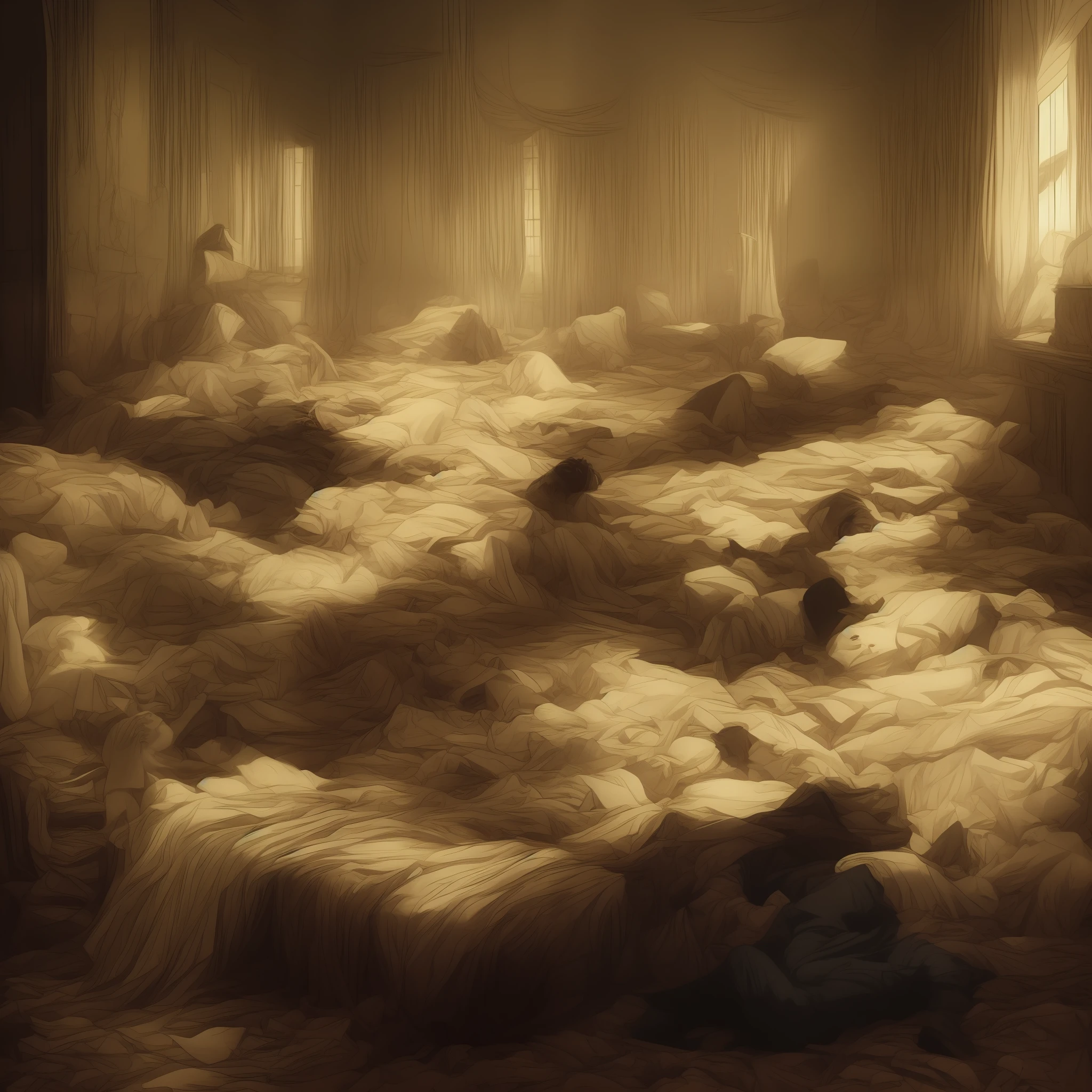 Draw a picture that conveys the distressing and mysterious sensation of sleep paralysis. No centro da cena, retrate uma pessoa deitada em uma cama, with an expression of terror on his face and wide eyes. As roupas de cama podem estar desarrumadas, adding a touch of realism to the scene. Ao redor da pessoa, crie um ambiente sombrio e surreal, with dreamlike and disturbing elements. Use elongated shadows and distorted outlines to intensify the feeling of discomfort.
Inclua figuras indistintas ou sombras que se projetam nas paredes, suggesting the presence of supernatural entities. Os detalhes da sala podem ser ligeiramente distorcidos, adding an unsettling atmosphere to the image. A paleta de cores deve ser dominada por tons escuros e frios, com poucos pontos de luz para criar um clima sinistro e opressor. Avoid using the title "I Can't Escape Sleep Paralysis?" diretamente na imagem, allowing the visual representation to convey the main idea. The goal is to create an image that leaves the viewer intrigued and reflective about the disturbing experience of sleep paralysis, inviting you to explore the unknown and reflect on the mysteries of the world of dreams and nightmares. --auto
