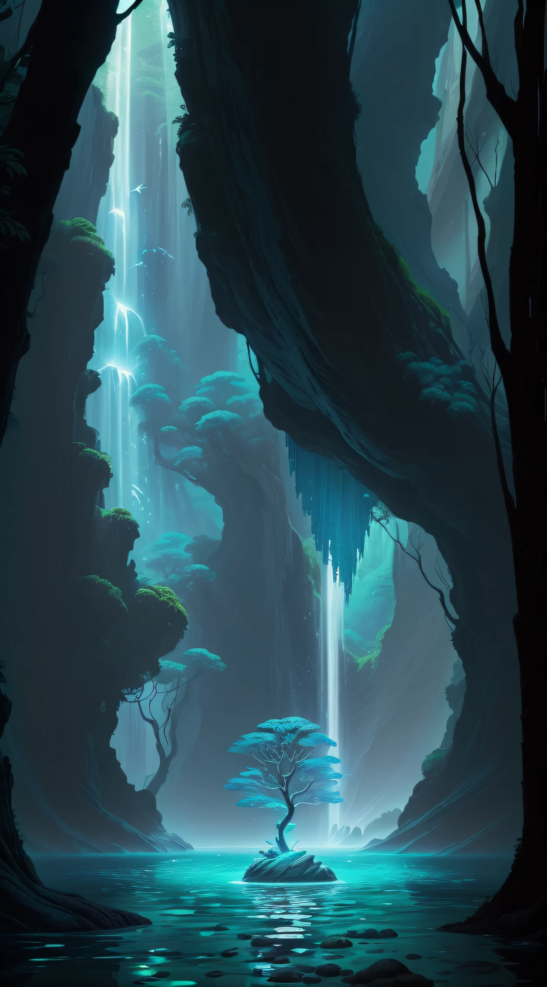 Crie uma cena de planeta como filme avatar, pedras flutuantes, Waters, Florestas com cores florescentes, plantas com cores florescentes, birds, giant trees, blue skies, nuvem, cores vibrantes, vivid colors, mundo espiritual, encantado, fantasia, Magic --auto