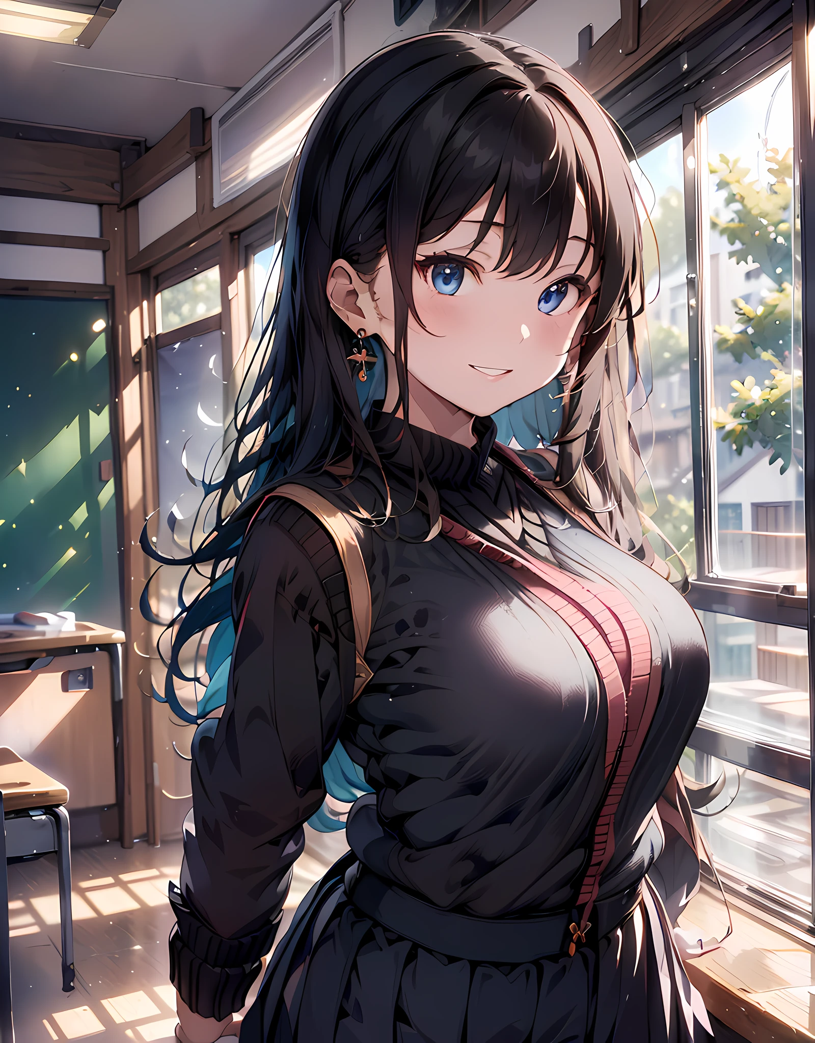 (masterpiece, best quality:1.37), highres, ultra-detailed, ultra-sharp, BREAK, Japanese school girl, 1girl, (black hair, medium straight hair, bangs), blue eyes, jewelry, earrings, piercing, BREAK, ((detailed jumper skirt uniform:1.5), (((jumper skirt:1.5))), one-piece, long-skirt, lovely look), grin, light smile, parted lips, pink lipstick, BREAK, standing, cowboy shot, arms behind back, arms behind on hip, detailed human hands, HDTV:1.2, ((detailed school room background:1.3)), 8 life size, slender, anime style, anime style school girl, perfect anatomy, perfect proportion, inspiration from Kyoto animation and A-1 picture,