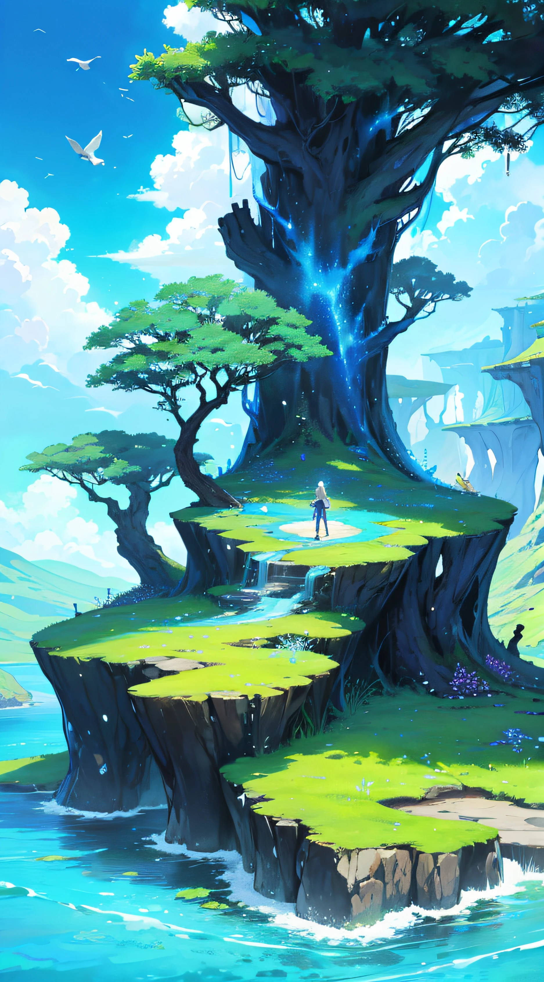 Create a planet scene like avatar movie, floating stones, waters, forests with blooming colors, plants with blooming colors, birds, giant trees, blue sky, clouds, vibrant colors, vivid colors, spirit world, enchanted, fantasy, magic --auto