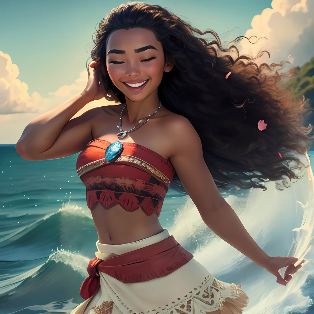 moana, 1girl, solo, long hair, smile, skirt, brown hair, holding, bare shoulders, jewelry, closed eyes, outdoors, sky, day, dark skin, necklace, dark-skinned female, blue sky, bare arms, petals, strapless, floating hair, ocean, wind, facing viewer, tube top (masterpiece:1.2), (best quality), (ultra detailed), (8k, 4k, intricate),(full-body-shot:1), (highly detailed:1.2),(detailed face:1.2),(detailed background),detailed landscape, (dynamic angle:1.2), (dynamic pose:1.2),