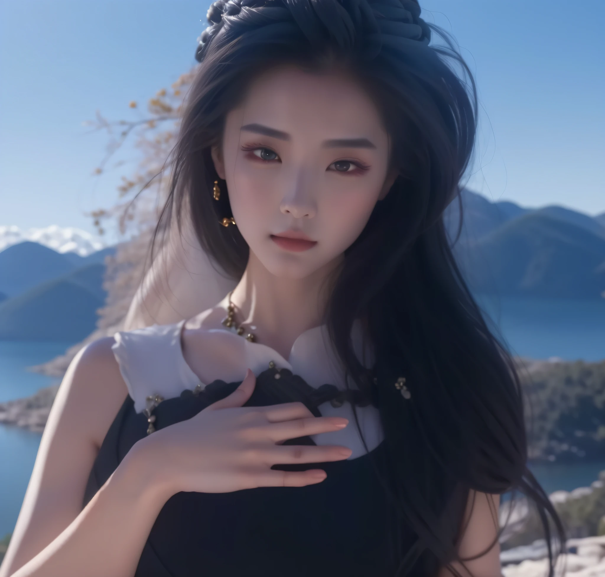 araffe woman with long black hair standing in front of a mountain, queen of the sea mu yanling, beautiful south korean woman, fan bingbing, dilraba dilmurat, pale snow white skin, xianxia fantasy, gorgeous young korean woman, bae suzy, xianxia, korean girl, iu lee ji-eun as a super villain